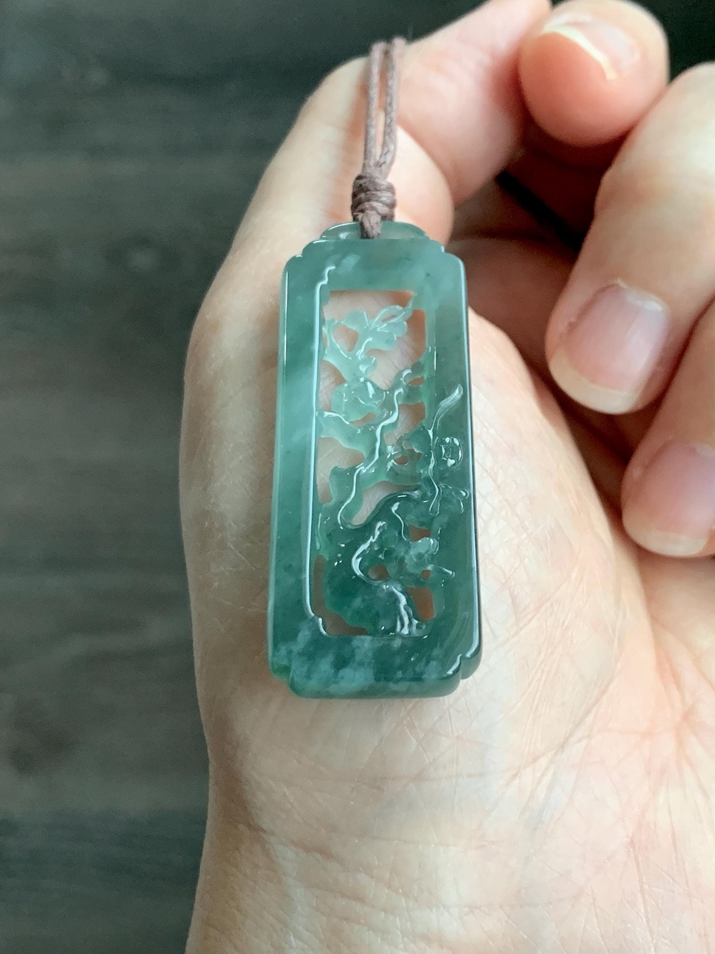 Natural Grade A Guatemalan Icy Translucent Dusty Teal Green Jade Jadeite Cherry Blossom Pendant Rope Necklace 25” 天然冰危蓝绿翡翠梅花枝双面雕吊坠 WMH440A
