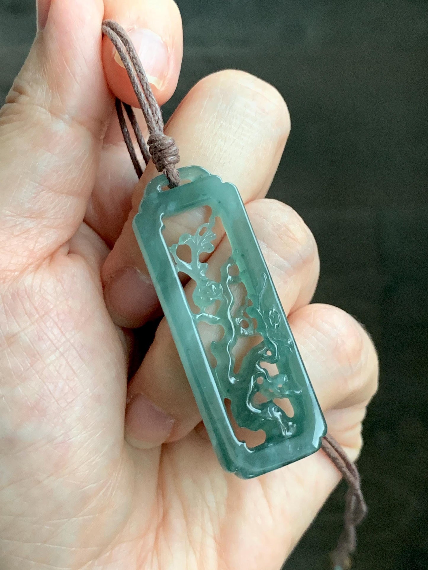 Natural Grade A Guatemalan Icy Translucent Dusty Teal Green Jade Jadeite Cherry Blossom Pendant Rope Necklace 25” 天然冰危蓝绿翡翠梅花枝双面雕吊坠 WMH440A