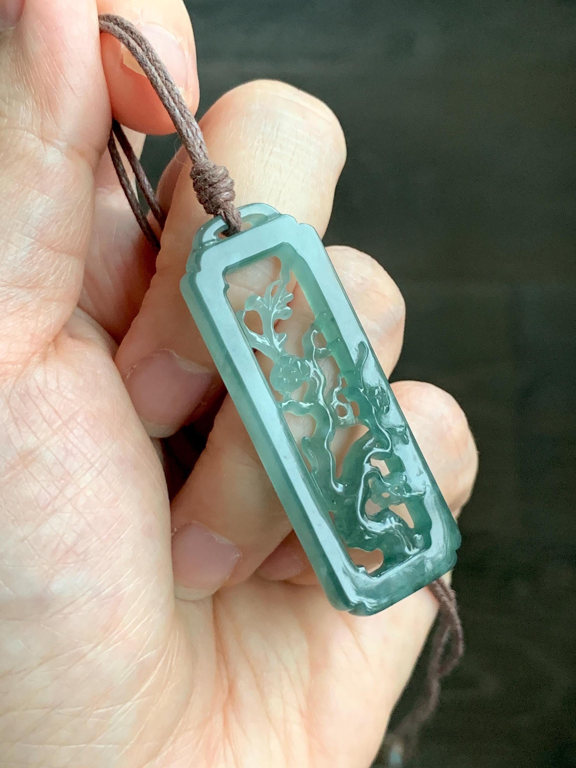 Natural Grade A Guatemalan Icy Translucent Dusty Teal Green Jade Jadeite Cherry Blossom Pendant Rope Necklace 25” 天然冰危蓝绿翡翠梅花枝双面雕吊坠 WMH440A