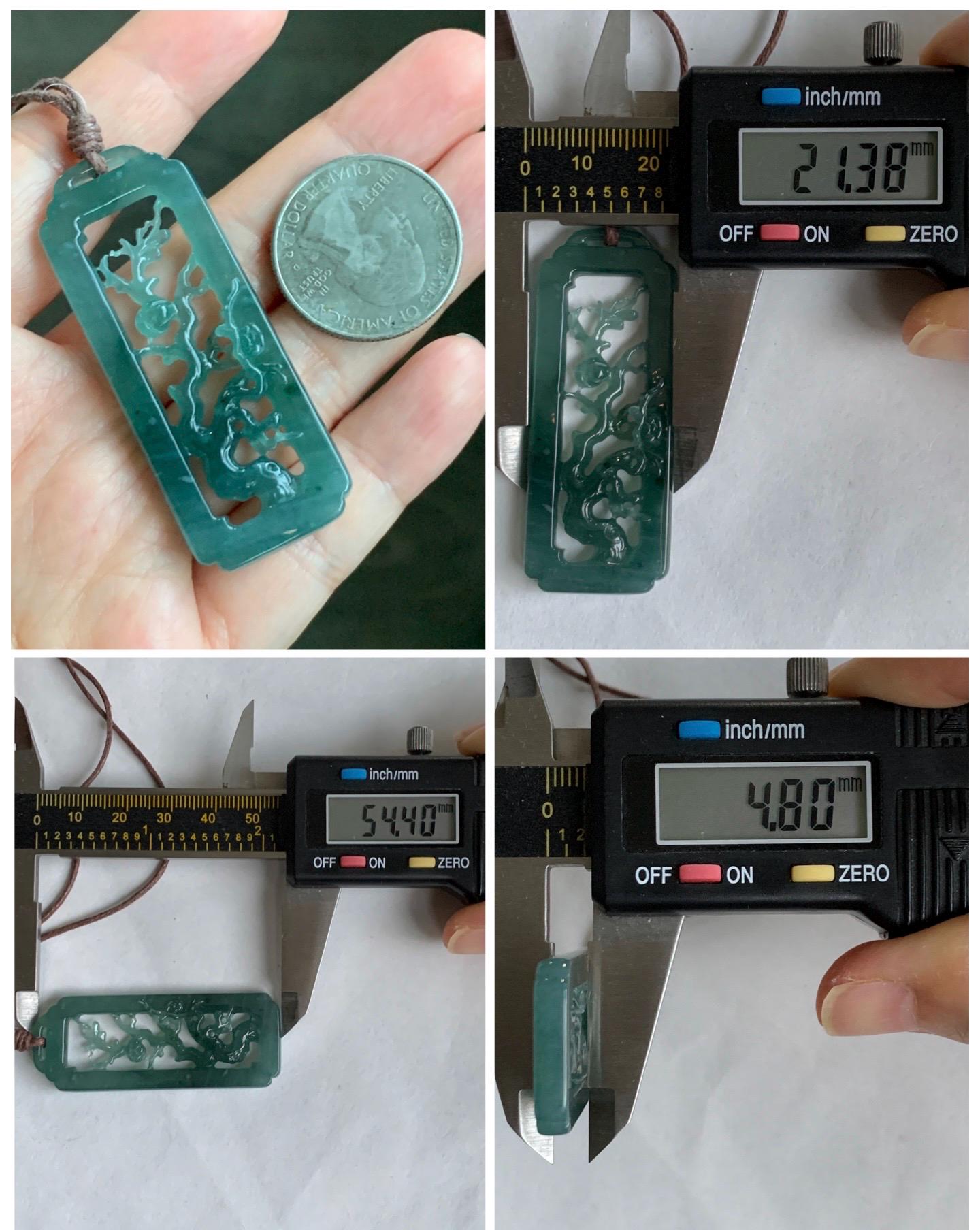 Natural Grade A Guatemalan Icy Translucent Dusty Teal Green Jade Jadeite Cherry Blossom Pendant Rope Necklace 25” 天然冰危蓝绿翡翠梅花枝双面雕吊坠 WMH440B