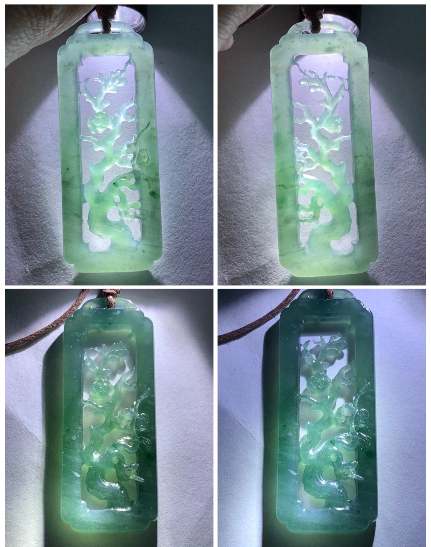 Natural Grade A Guatemalan Icy Translucent Dusty Teal Green Jade Jadeite Cherry Blossom Pendant Rope Necklace 25” 天然冰危蓝绿翡翠梅花枝双面雕吊坠 WMH440B