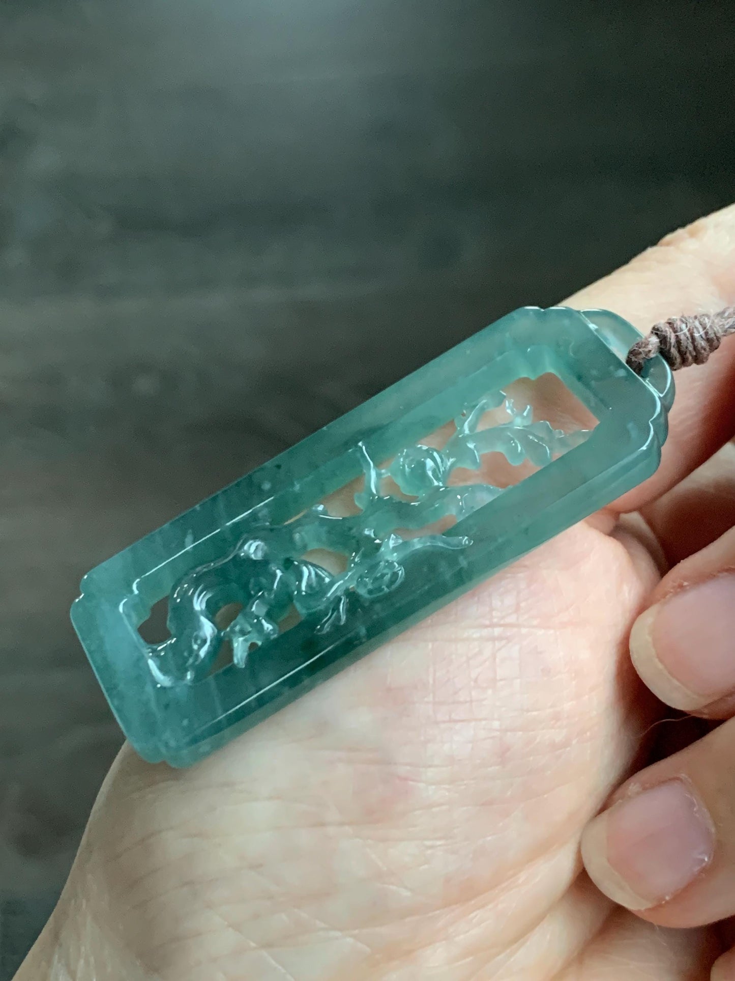 Natural Grade A Guatemalan Icy Translucent Dusty Teal Green Jade Jadeite Cherry Blossom Pendant Rope Necklace 25” 天然冰危蓝绿翡翠梅花枝双面雕吊坠 WMH440B