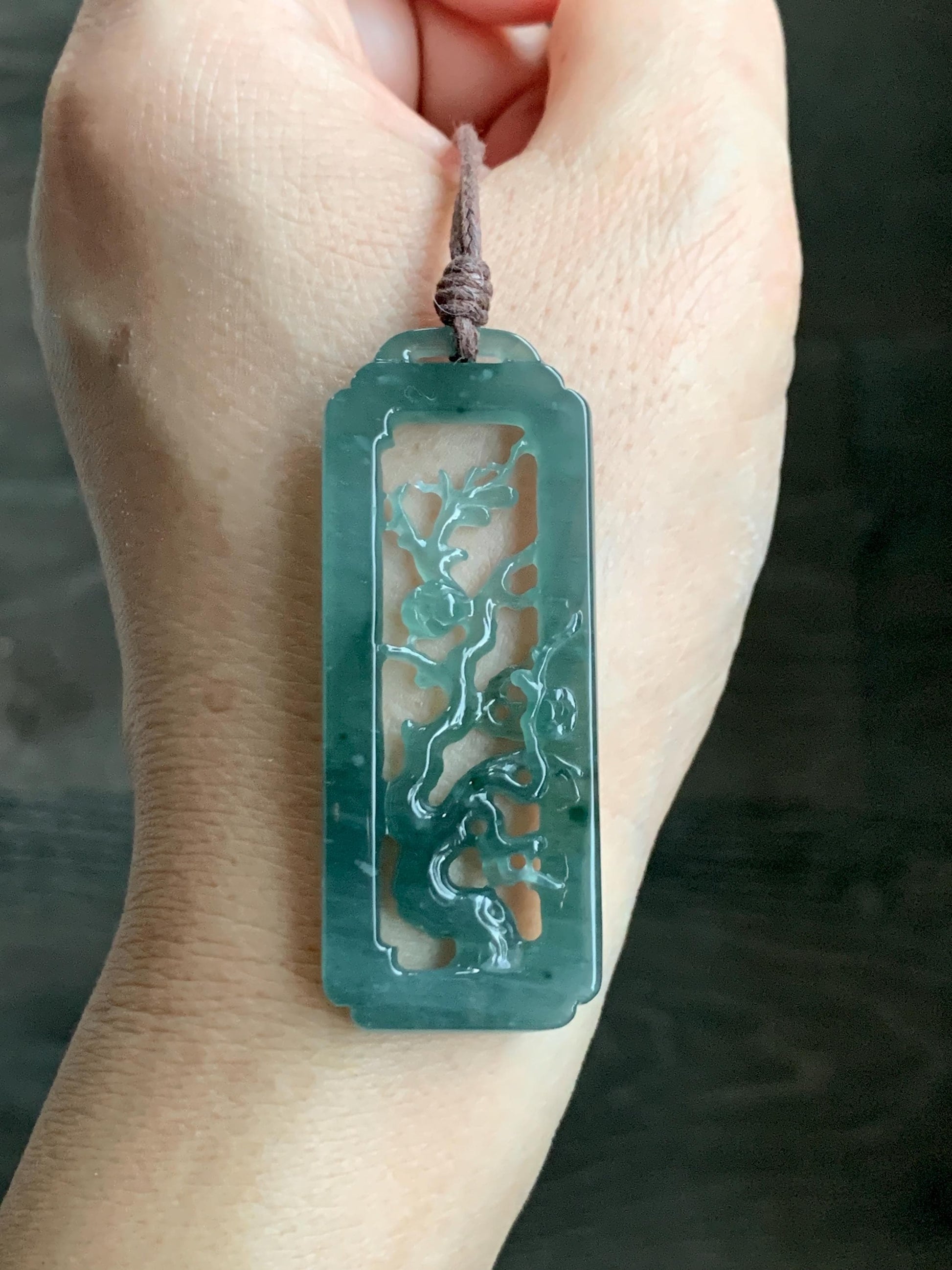 Natural Grade A Guatemalan Icy Translucent Dusty Teal Green Jade Jadeite Cherry Blossom Pendant Rope Necklace 25” 天然冰危蓝绿翡翠梅花枝双面雕吊坠 WMH440B