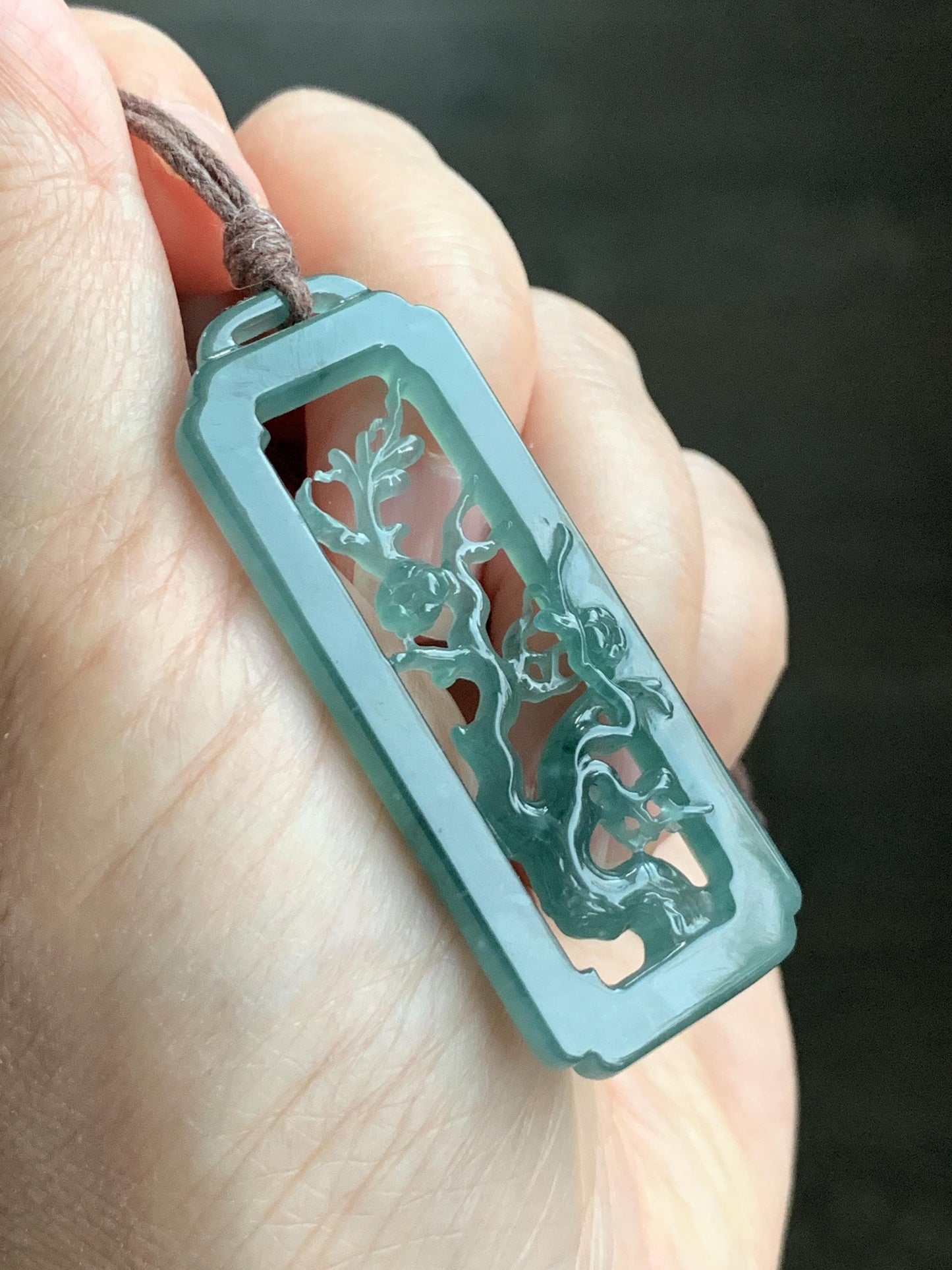 Natural Grade A Guatemalan Icy Translucent Dusty Teal Green Jade Jadeite Cherry Blossom Pendant Rope Necklace 25” 天然冰危蓝绿翡翠梅花枝双面雕吊坠 WMH440B