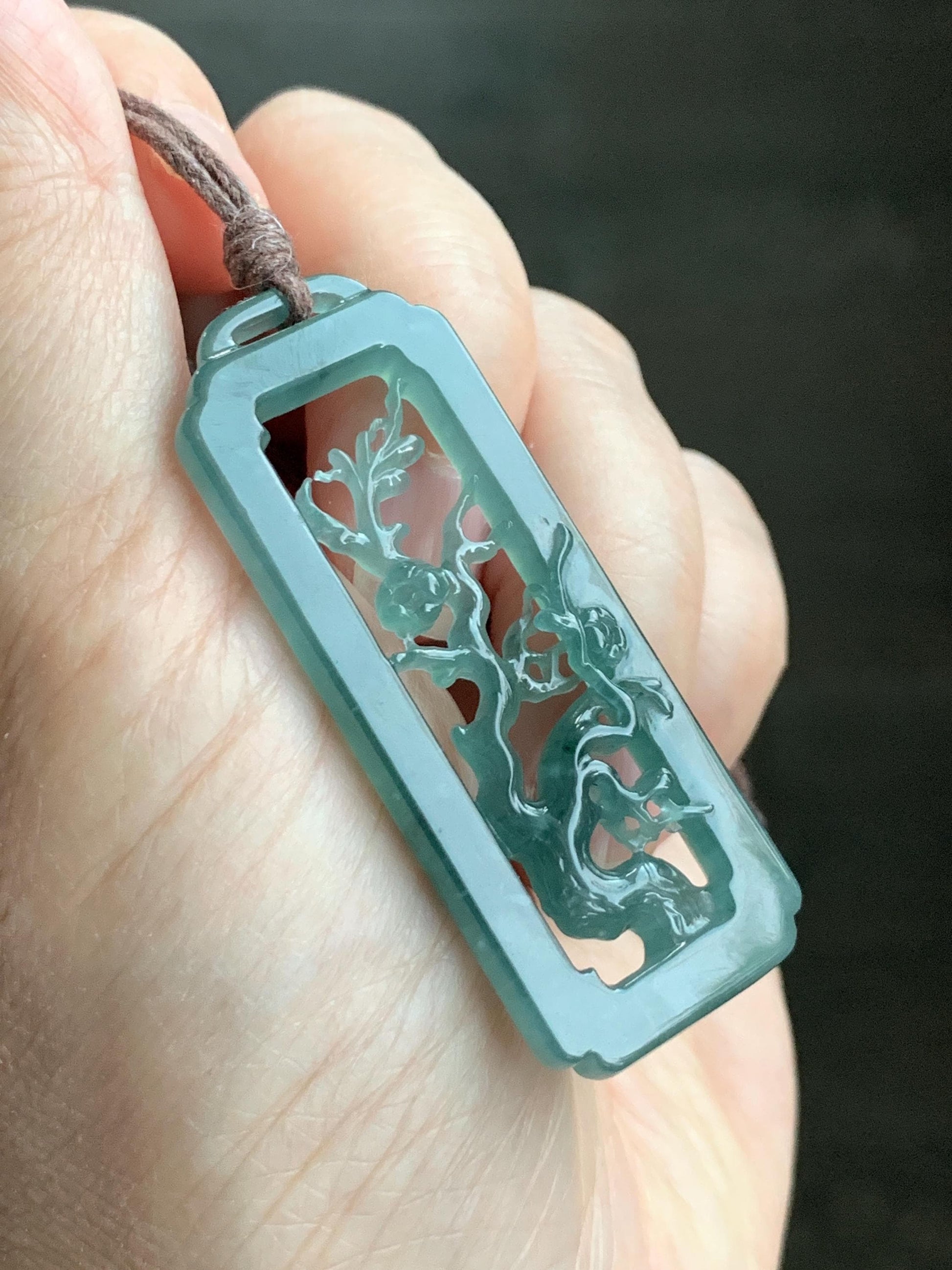 Natural Grade A Guatemalan Icy Translucent Dusty Teal Green Jade Jadeite Cherry Blossom Pendant Rope Necklace 25” 天然冰危蓝绿翡翠梅花枝双面雕吊坠 WMH440B