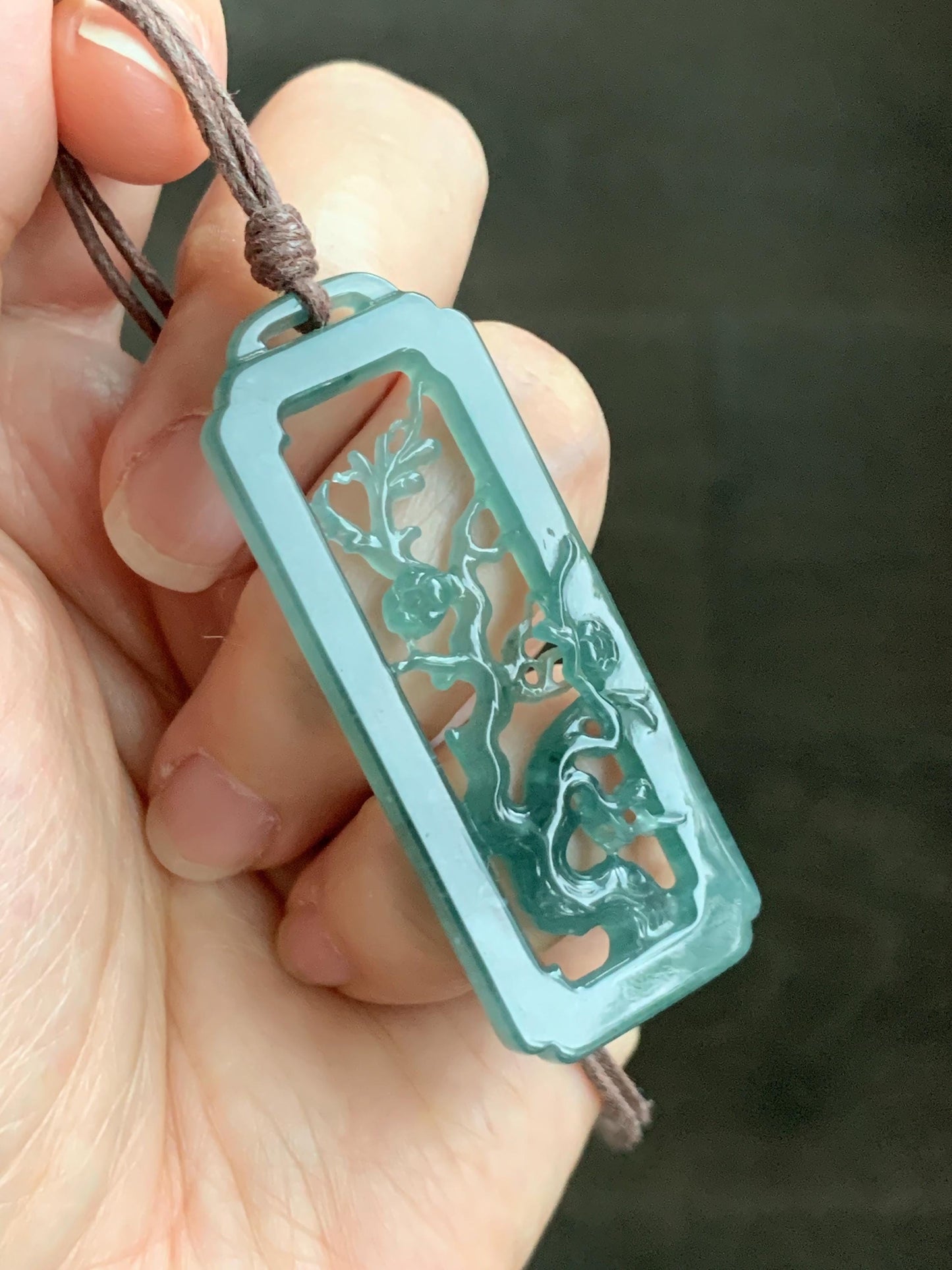 Natural Grade A Guatemalan Icy Translucent Dusty Teal Green Jade Jadeite Cherry Blossom Pendant Rope Necklace 25” 天然冰危蓝绿翡翠梅花枝双面雕吊坠 WMH440B