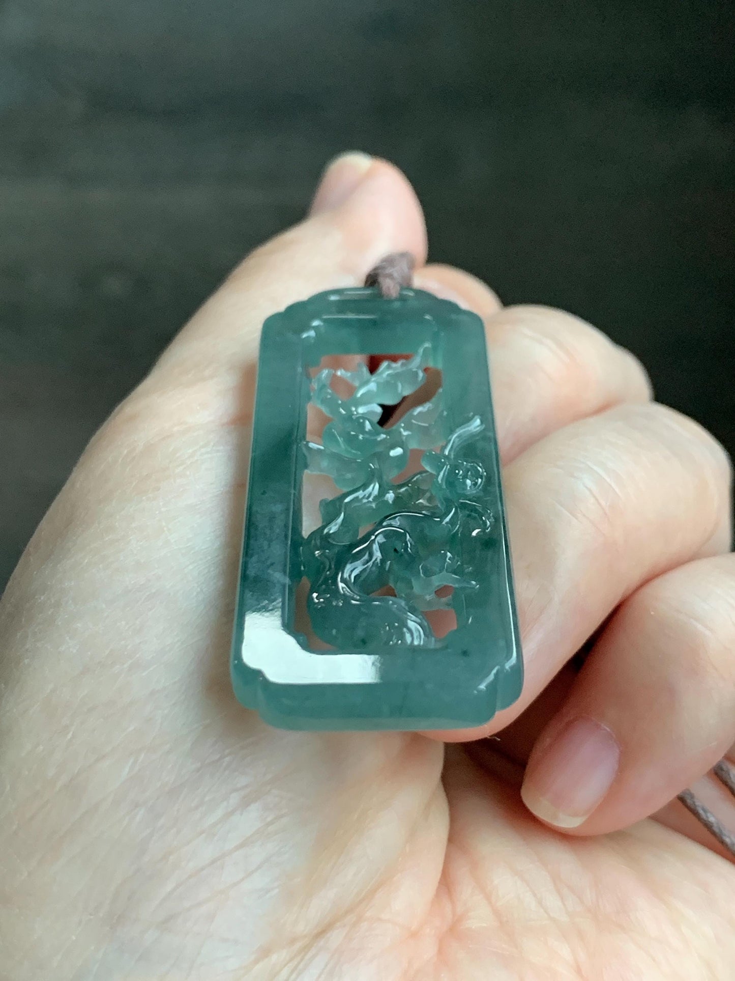 Natural Grade A Guatemalan Icy Translucent Dusty Teal Green Jade Jadeite Cherry Blossom Pendant Rope Necklace 25” 天然冰危蓝绿翡翠梅花枝双面雕吊坠 WMH440B