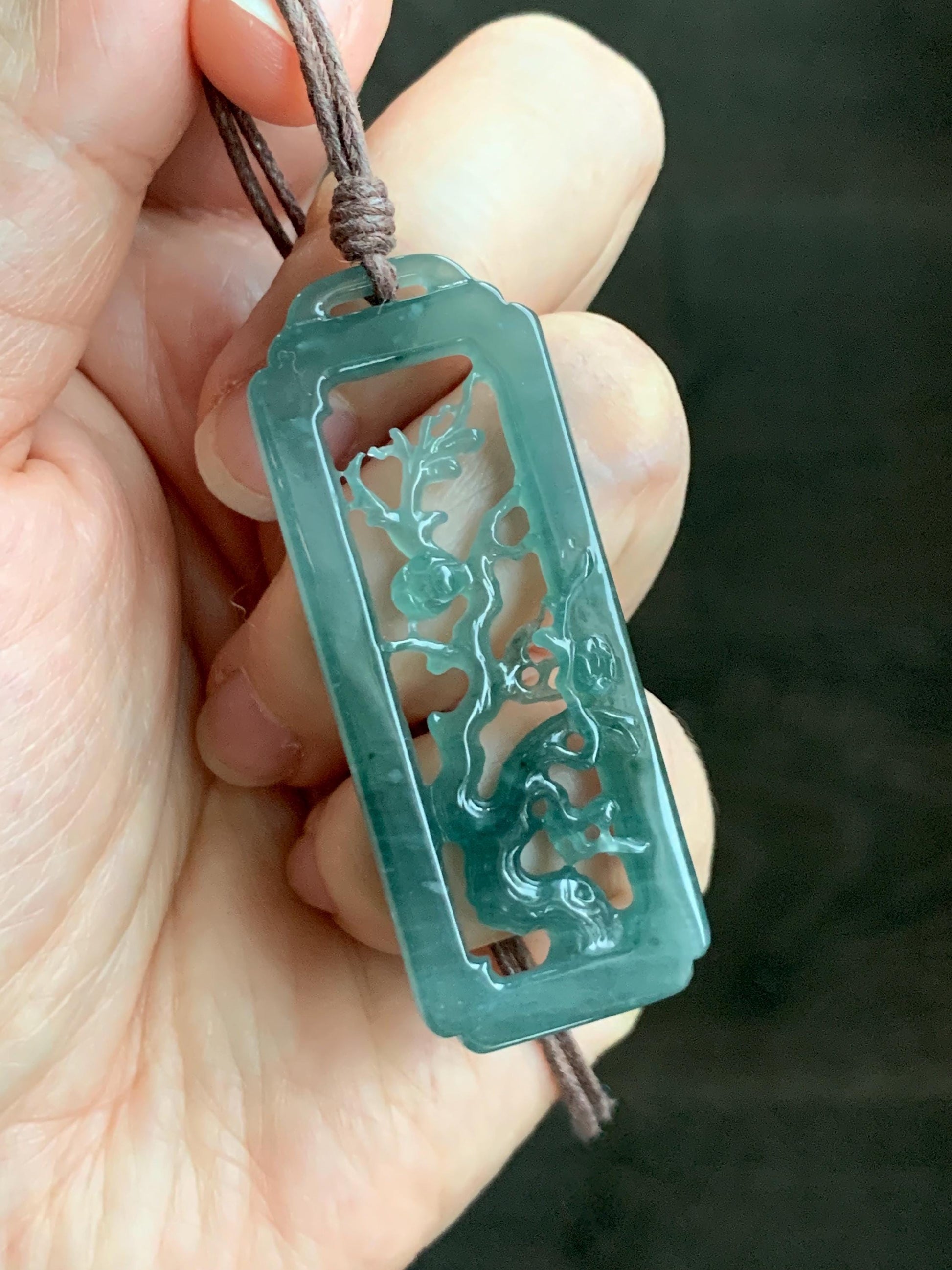Natural Grade A Guatemalan Icy Translucent Dusty Teal Green Jade Jadeite Cherry Blossom Pendant Rope Necklace 25” 天然冰危蓝绿翡翠梅花枝双面雕吊坠 WMH440B