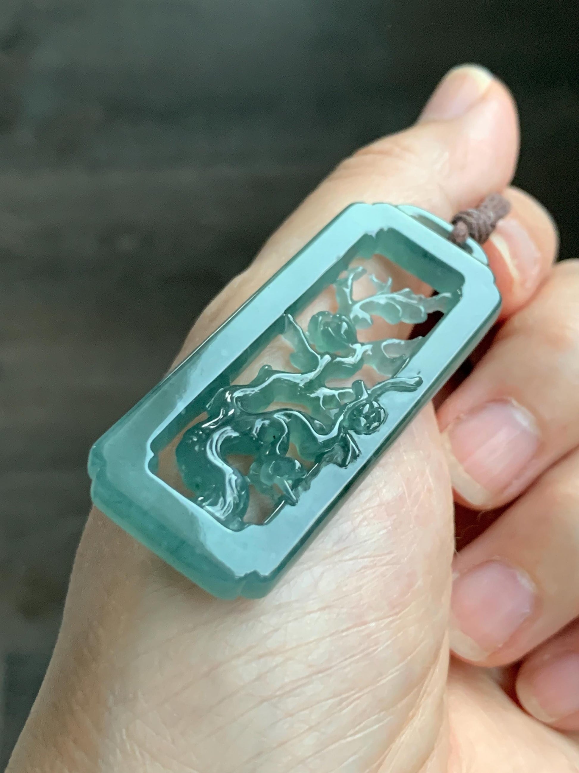 Natural Grade A Guatemalan Icy Translucent Dusty Teal Green Jade Jadeite Cherry Blossom Pendant Rope Necklace 25” 天然冰危蓝绿翡翠梅花枝双面雕吊坠 WMH440B