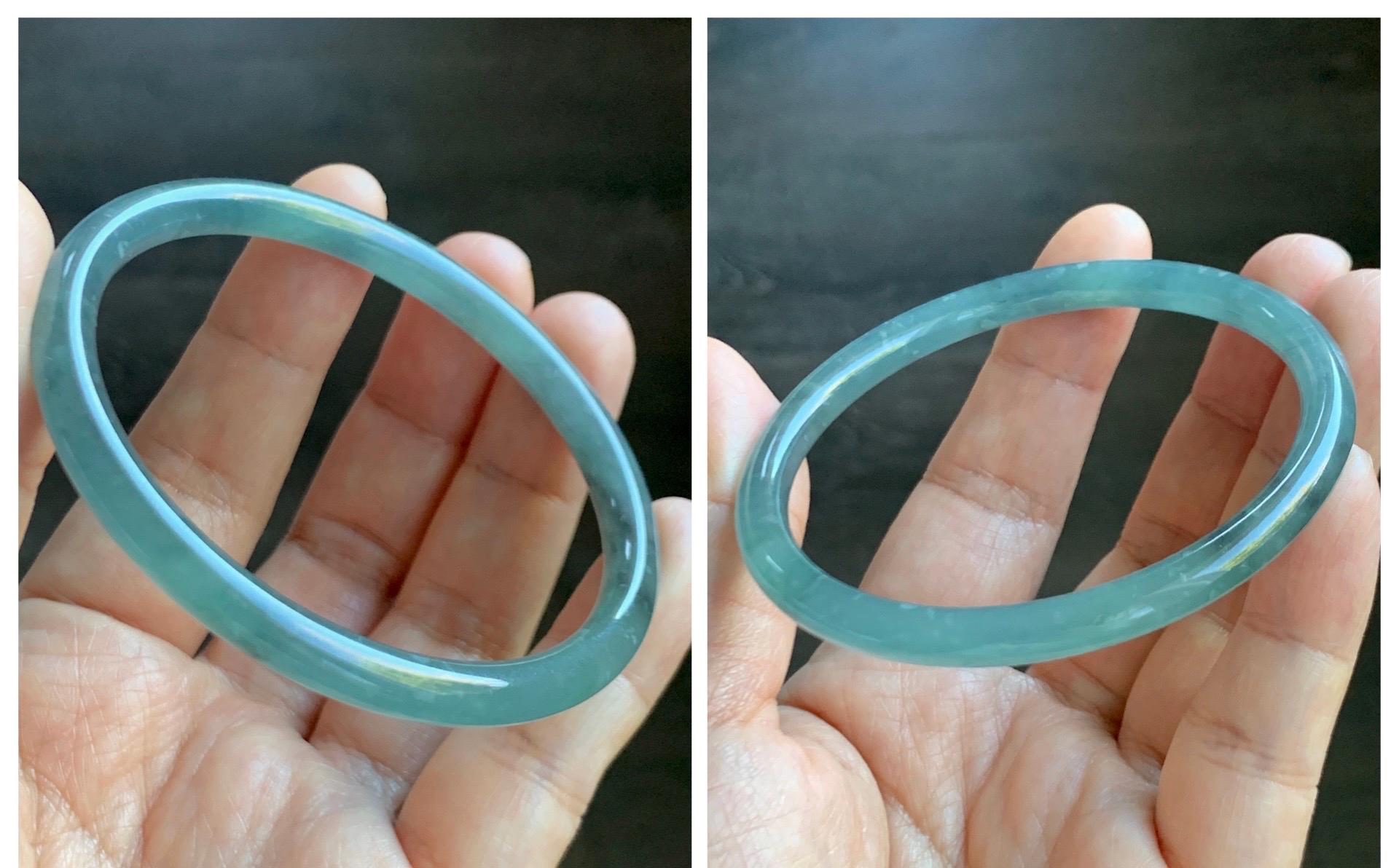 Certified Natural Grade A Guatemalan Icy Translucent Light Teal Wuji Jade Jadeite Slim Bangle 57.58mm 7.11” 18g 天然危晴蓝飘乌鸡翡翠细圆条手镯 727
