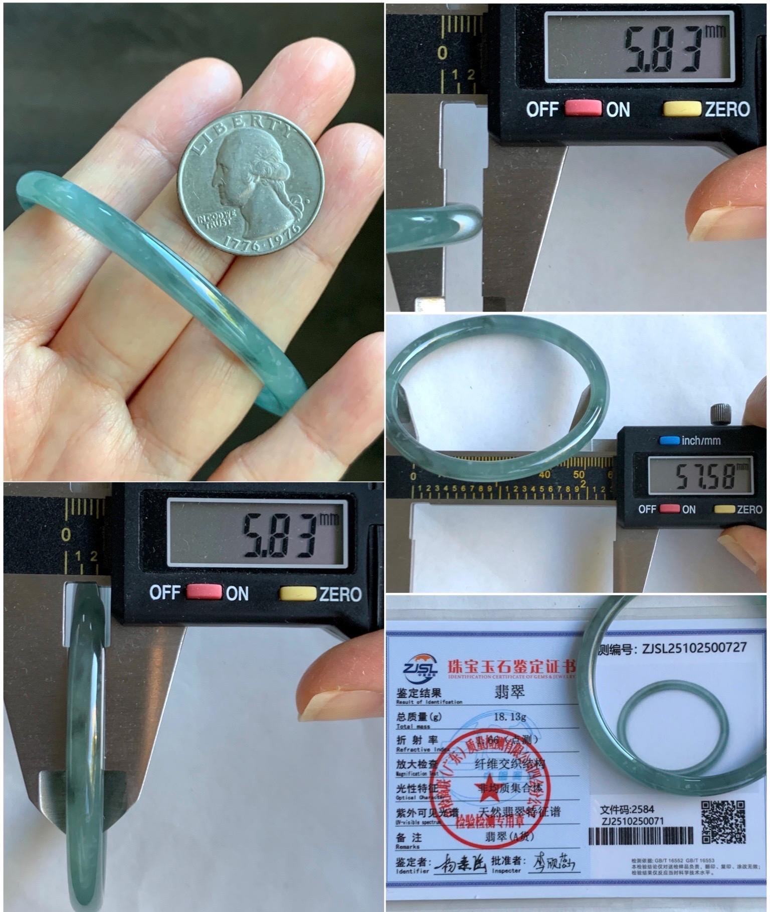 Certified Natural Grade A Guatemalan Icy Translucent Light Teal Wuji Jade Jadeite Slim Bangle 57.58mm 7.11” 18g 天然危晴蓝飘乌鸡翡翠细圆条手镯 727