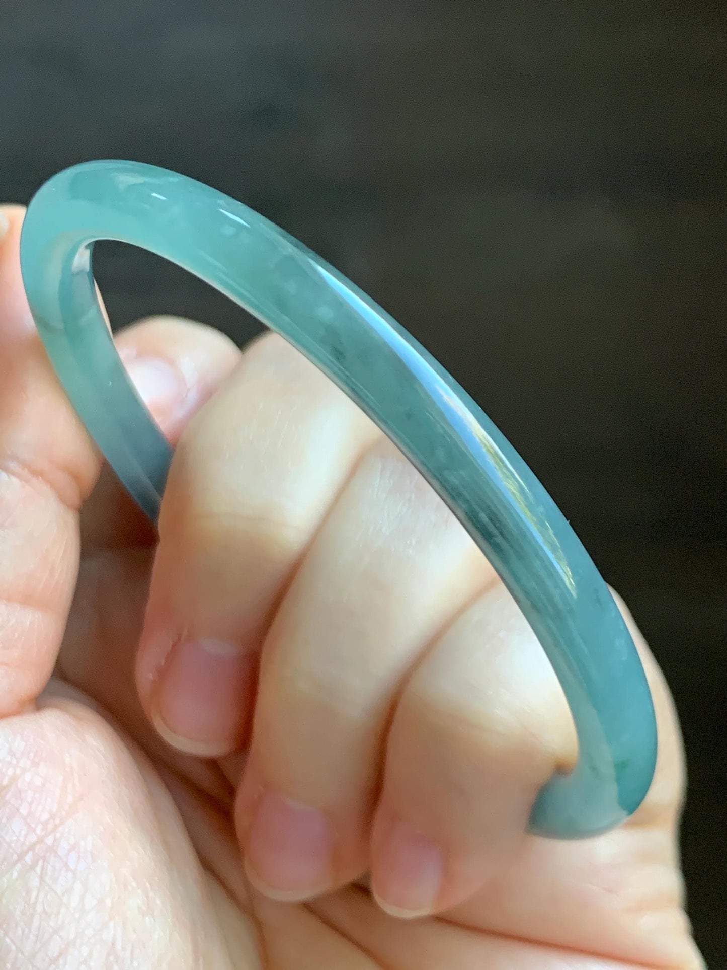 Certified Natural Grade A Guatemalan Icy Translucent Light Teal Wuji Jade Jadeite Slim Bangle 57.58mm 7.11” 18g 天然危晴蓝飘乌鸡翡翠细圆条手镯 727