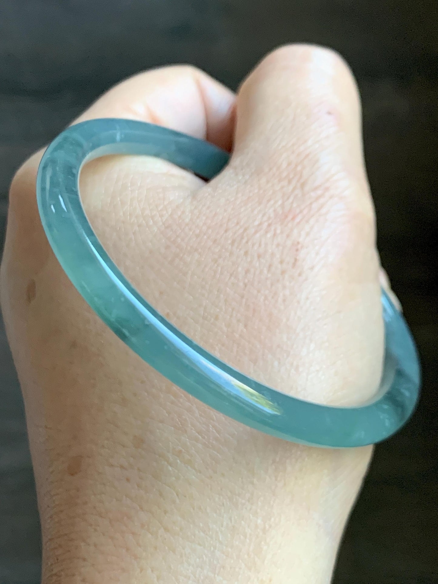 Certified Natural Grade A Guatemalan Icy Translucent Light Teal Wuji Jade Jadeite Slim Bangle 57.58mm 7.11” 18g 天然危晴蓝飘乌鸡翡翠细圆条手镯 727