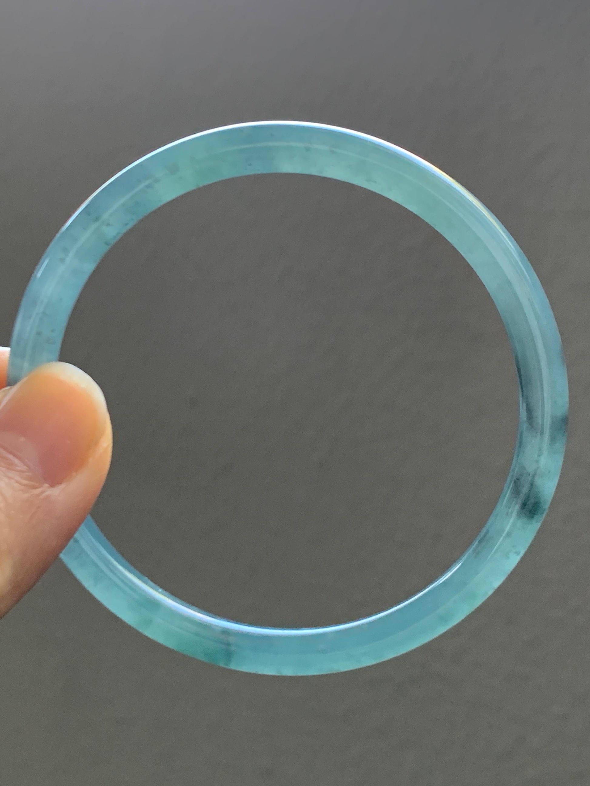 Certified Natural Grade A Guatemalan Icy Translucent Light Teal Wuji Jade Jadeite Slim Bangle 57.58mm 7.11” 18g 天然危晴蓝飘乌鸡翡翠细圆条手镯 727