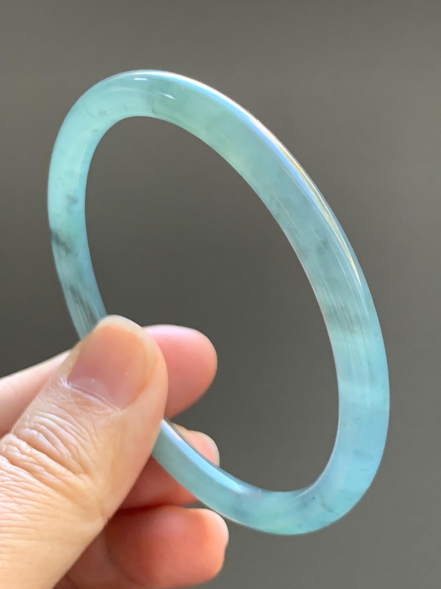 Certified Natural Grade A Guatemalan Icy Translucent Light Teal Wuji Jade Jadeite Slim Bangle 57.58mm 7.11” 18g 天然危晴蓝飘乌鸡翡翠细圆条手镯 727