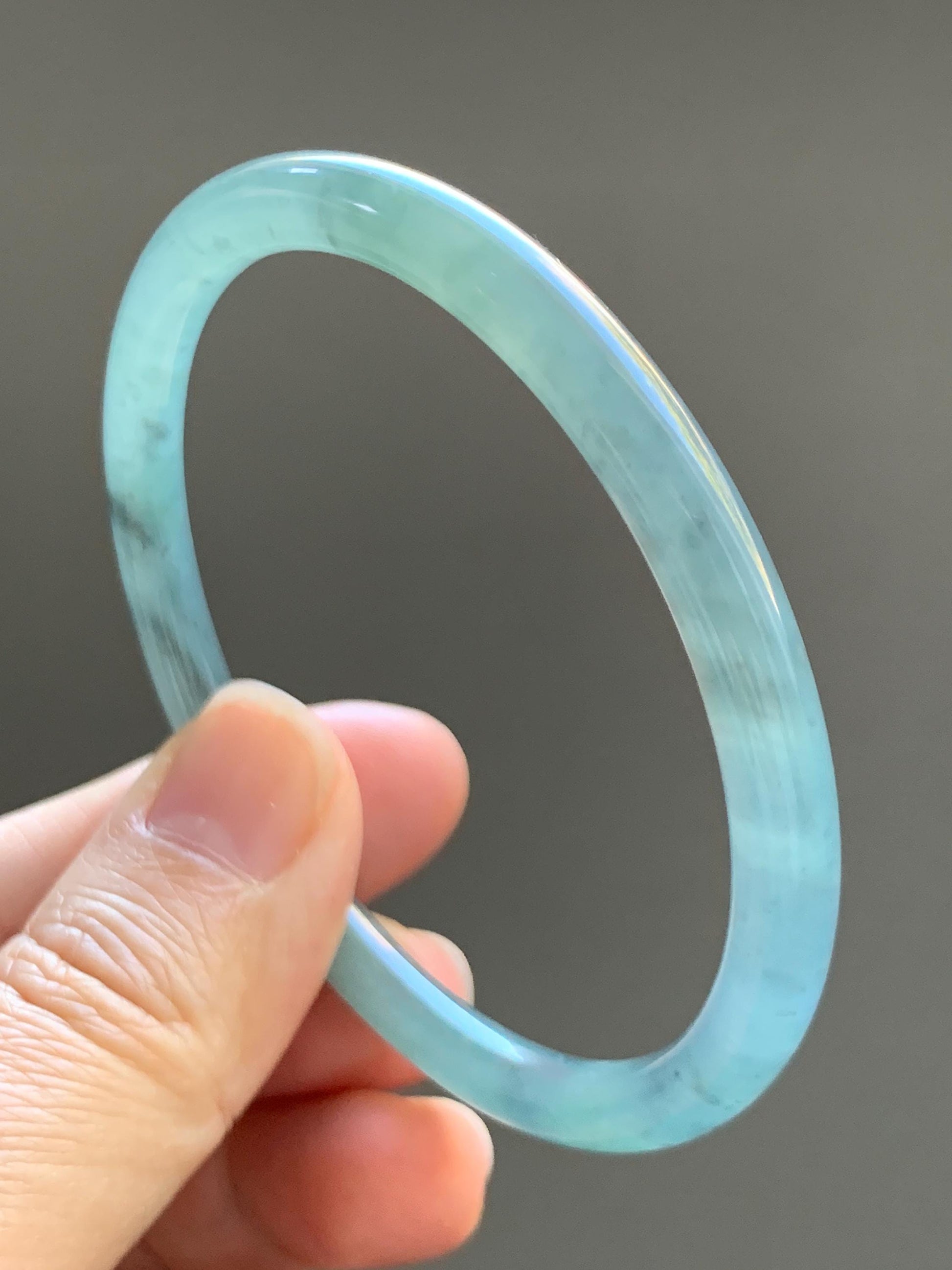 Certified Natural Grade A Guatemalan Icy Translucent Light Teal Wuji Jade Jadeite Slim Bangle 57.58mm 7.11” 18g 天然危晴蓝飘乌鸡翡翠细圆条手镯 727