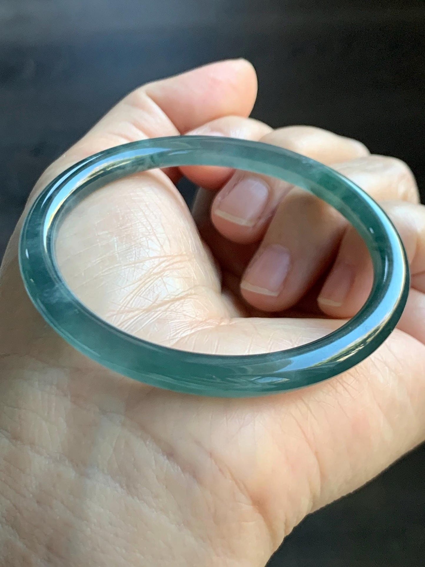 Certified Natural Grade A Guatemalan Icy Highly Translucent Dark Teal Blue Jade Jadeite Bangle 54.55mm 6.74” 18.6g 天然冰胶危深蓝绿翡翠细圆条手镯 721