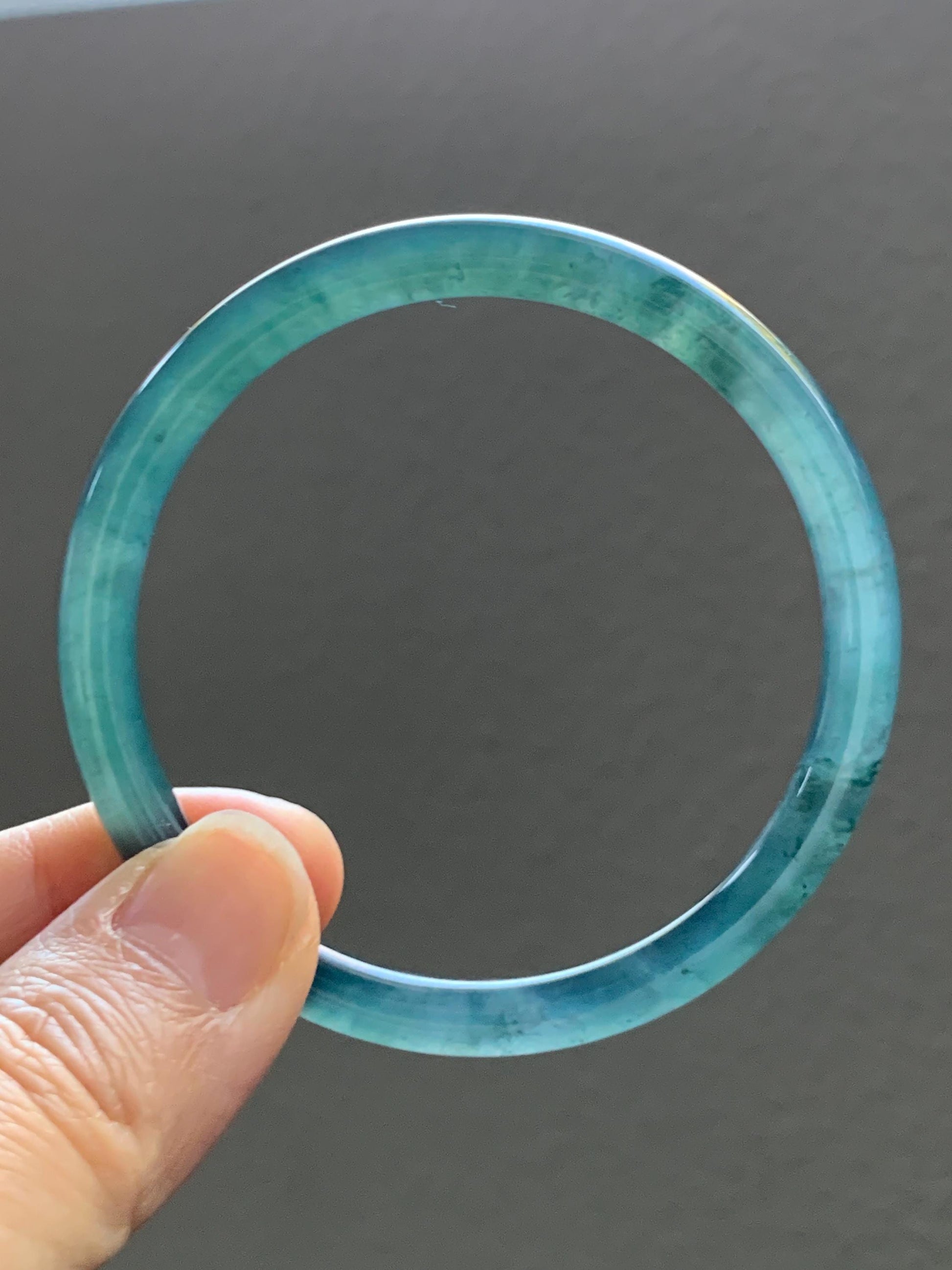 Certified Natural Grade A Guatemalan Icy Highly Translucent Dark Teal Blue Jade Jadeite Bangle 54.55mm 6.74” 18.6g 天然冰胶危深蓝绿翡翠细圆条手镯 721