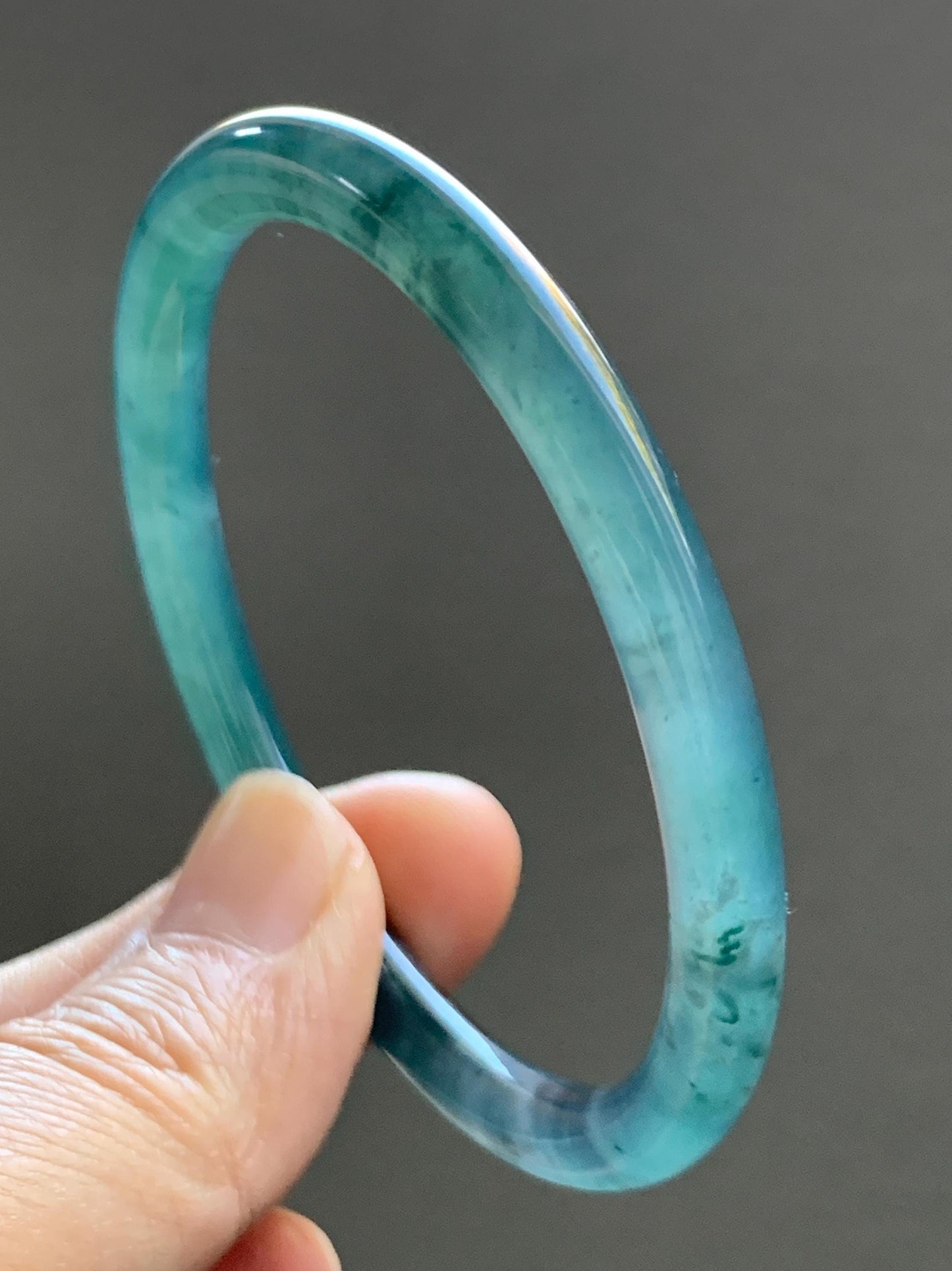 Certified Natural Grade A Guatemalan Icy Highly Translucent Dark Teal Blue Jade Jadeite Bangle 54.55mm 6.74” 18.6g 天然冰胶危深蓝绿翡翠细圆条手镯 721