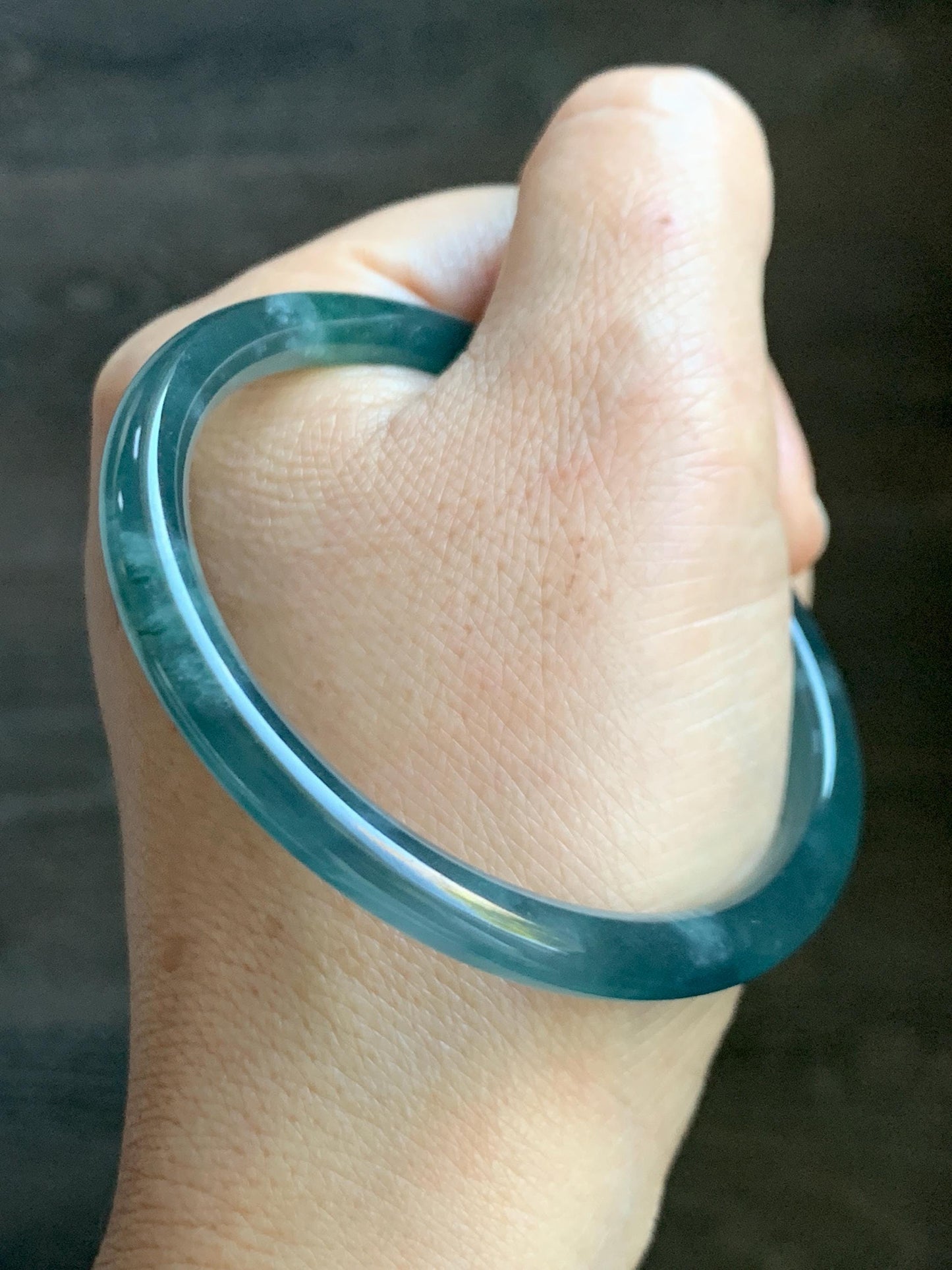 Certified Natural Grade A Guatemalan Icy Highly Translucent Dark Teal Blue Jade Jadeite Bangle 54.55mm 6.74” 18.6g 天然冰胶危深蓝绿翡翠细圆条手镯 721