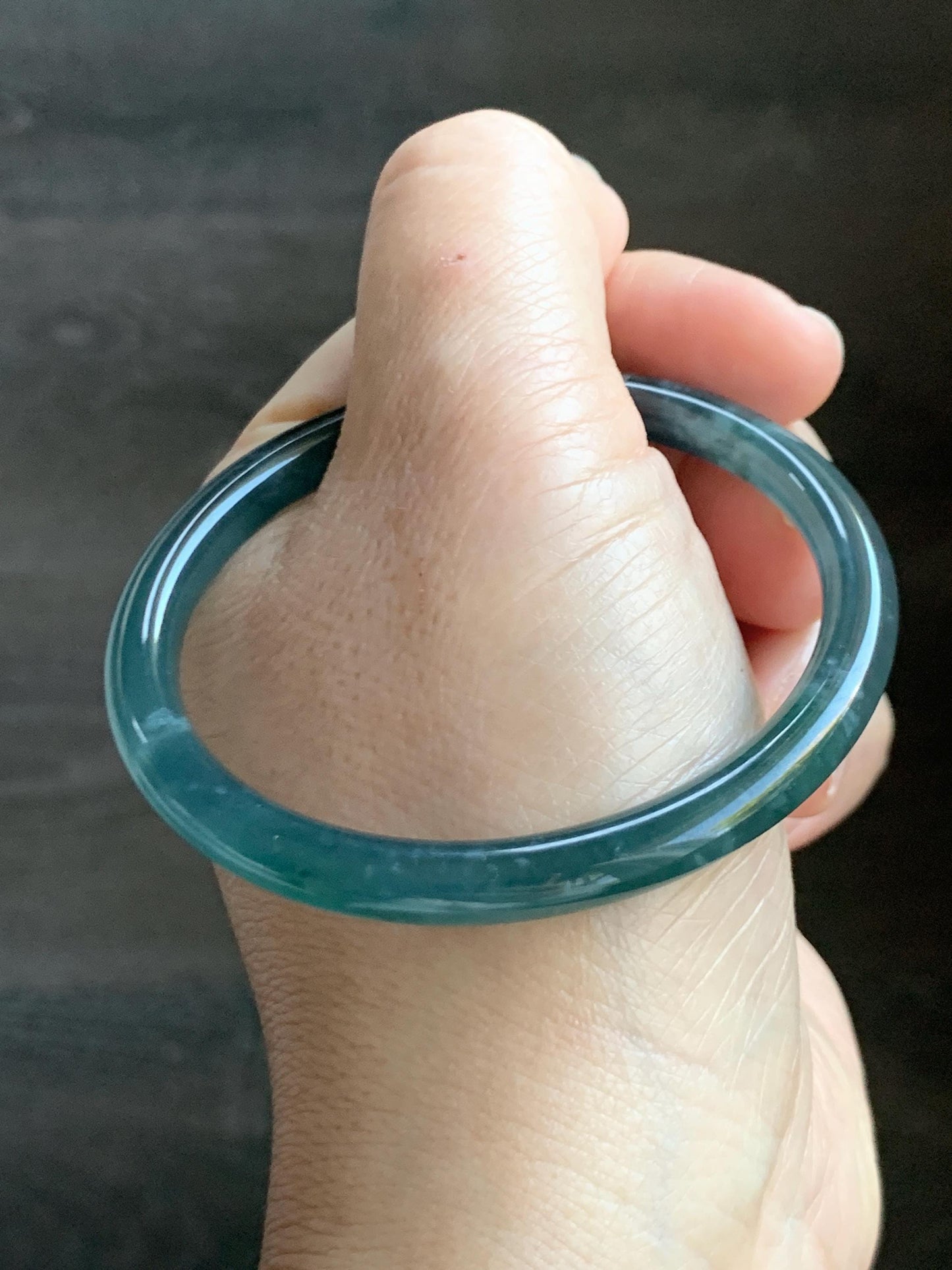 Certified Natural Grade A Guatemalan Icy Highly Translucent Dark Teal Blue Jade Jadeite Bangle 54.55mm 6.74” 18.6g 天然冰胶危深蓝绿翡翠细圆条手镯 721
