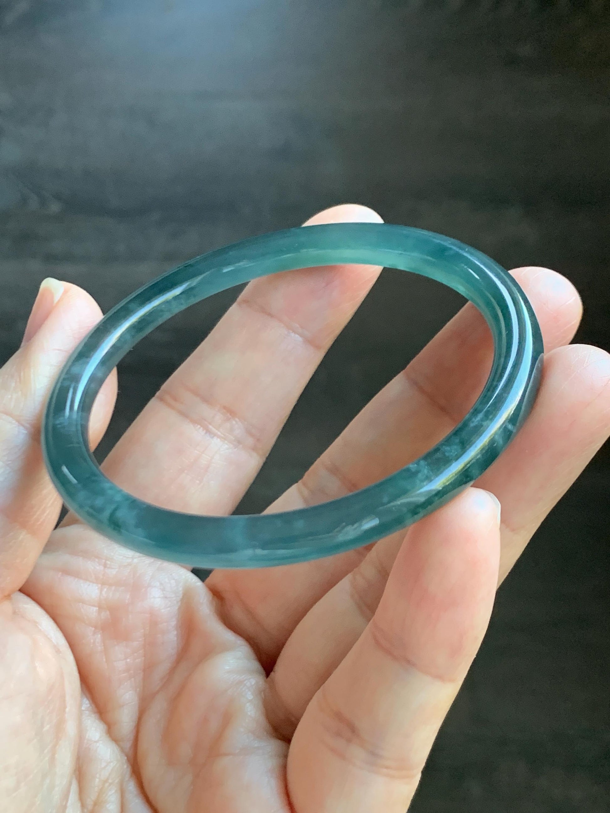 Certified Natural Grade A Guatemalan Icy Highly Translucent Dark Teal Blue Jade Jadeite Bangle 54.55mm 6.74” 18.6g 天然冰胶危深蓝绿翡翠细圆条手镯 721