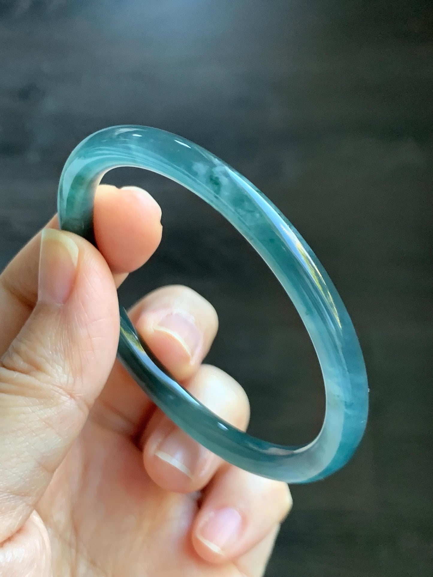 Certified Natural Grade A Guatemalan Icy Highly Translucent Dark Teal Blue Jade Jadeite Bangle 54.55mm 6.74” 18.6g 天然冰胶危深蓝绿翡翠细圆条手镯 721