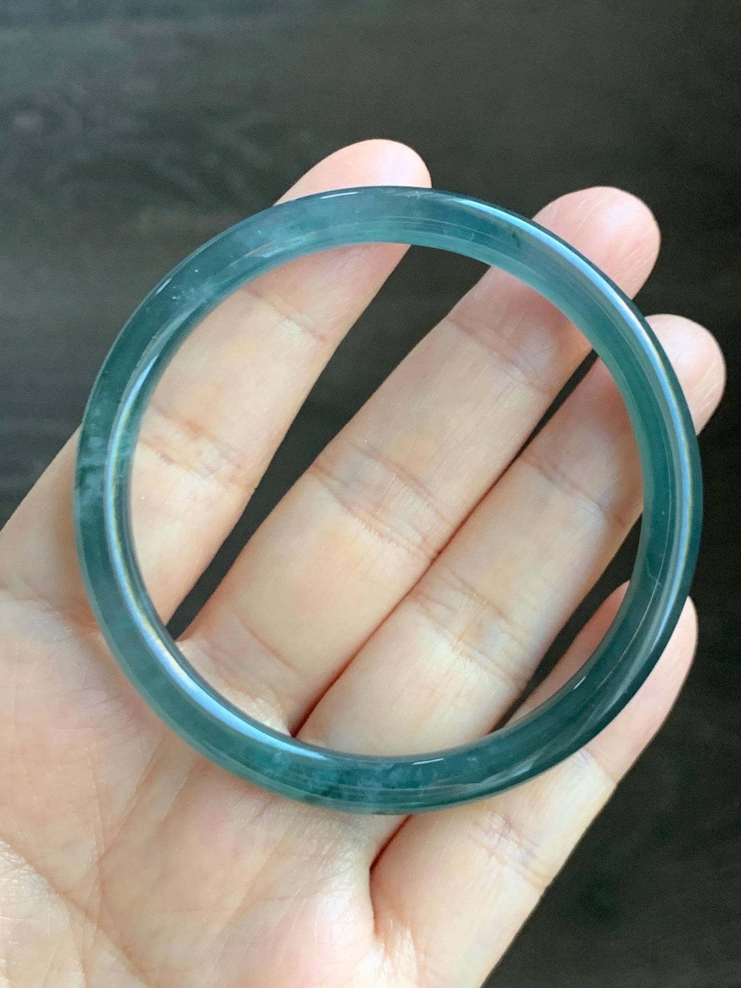 Certified Natural Grade A Guatemalan Icy Highly Translucent Dark Teal Blue Jade Jadeite Bangle 54.55mm 6.74” 18.6g 天然冰胶危深蓝绿翡翠细圆条手镯 721