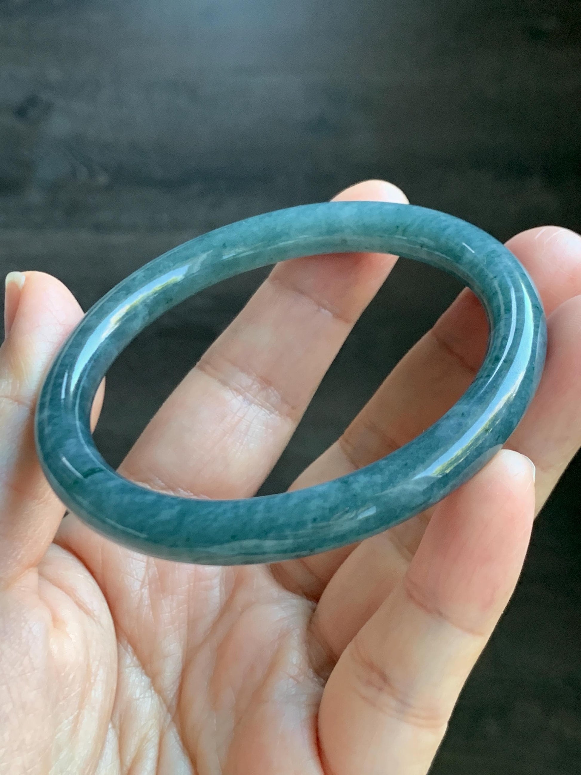 Certified Natural Grade A Guatemalan Icy Translucent Dark Aegean Blue Marbled Jade Jadeite Bangle Bracelet 56.96mm 7” 33g 天然冰危蓝飘花翡翠圆条手镯 723