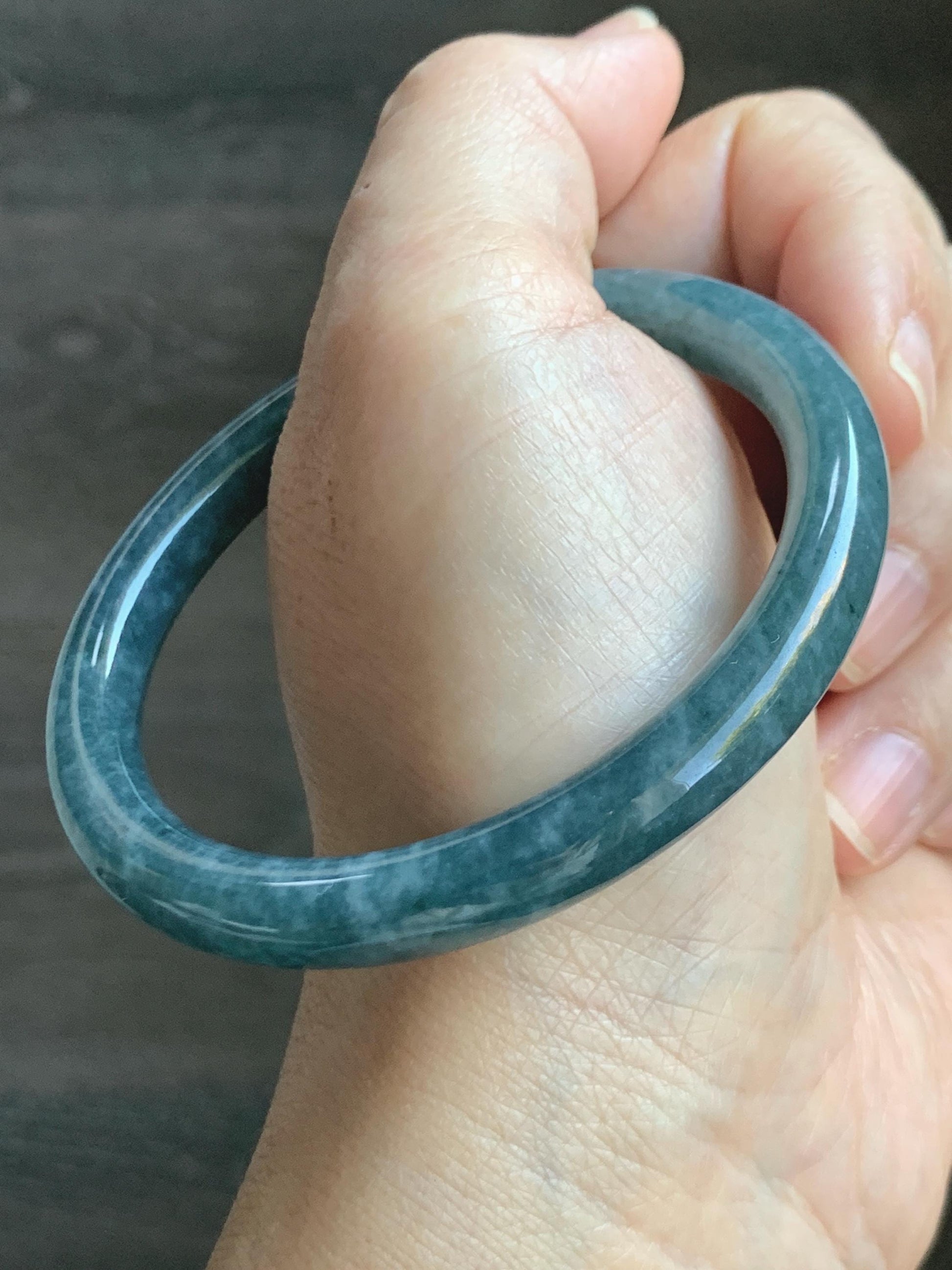 Certified Natural Grade A Guatemalan Icy Translucent Dark Aegean Blue Marbled Jade Jadeite Bangle Bracelet 56.96mm 7” 33g 天然冰危蓝飘花翡翠圆条手镯 723