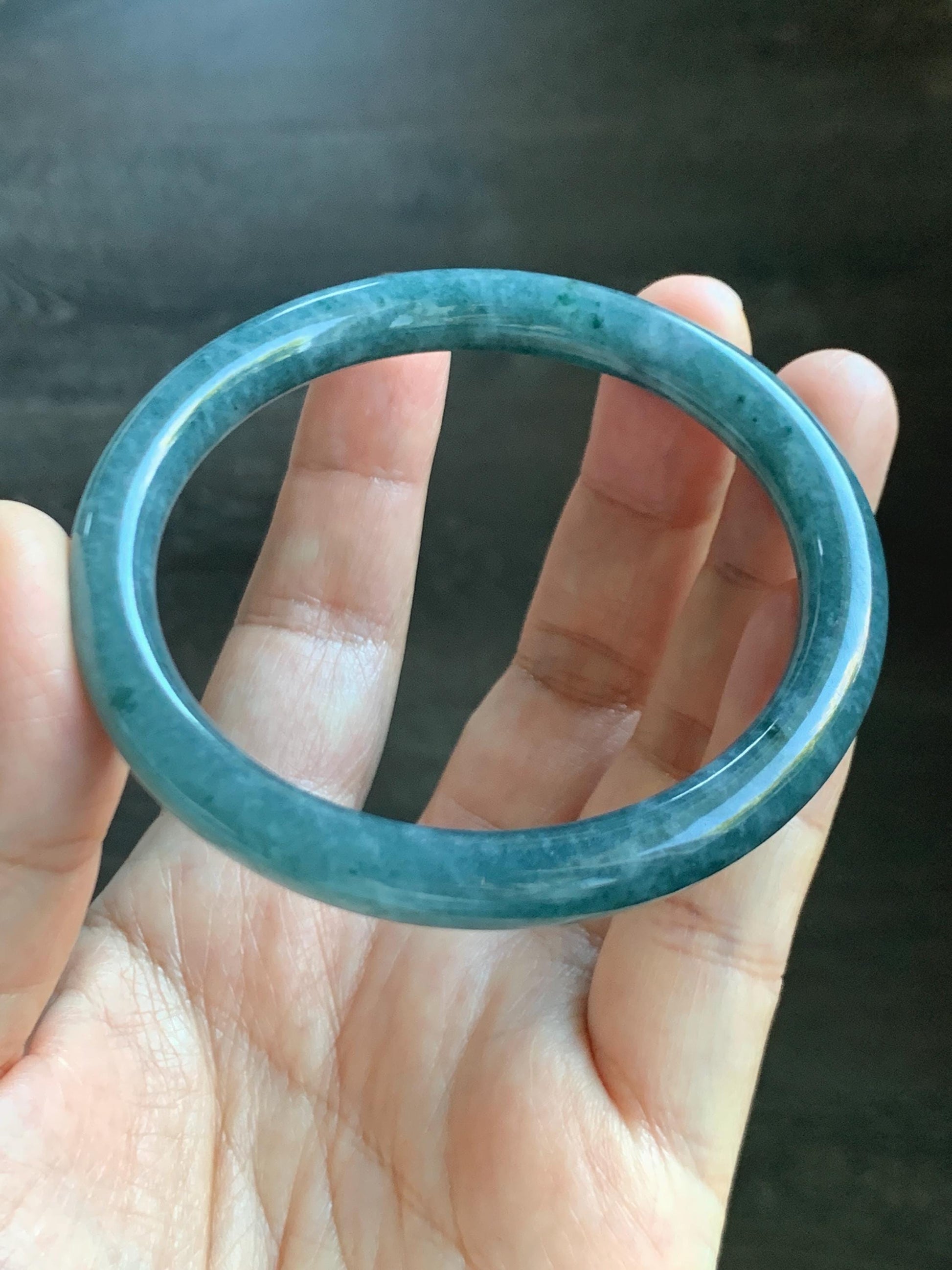 Certified Natural Grade A Guatemalan Icy Translucent Dark Aegean Blue Marbled Jade Jadeite Bangle Bracelet 56.96mm 7” 33g 天然冰危蓝飘花翡翠圆条手镯 723