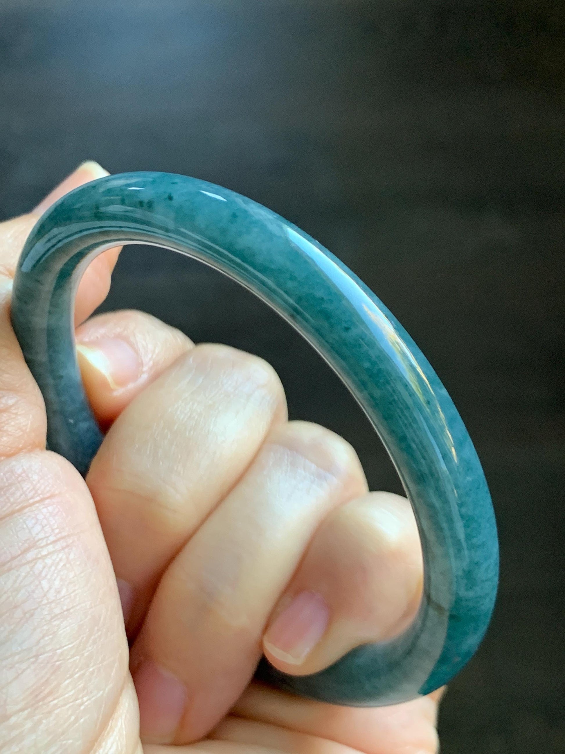 Certified Natural Grade A Guatemalan Icy Translucent Dark Aegean Blue Marbled Jade Jadeite Bangle Bracelet 56.96mm 7” 33g 天然冰危蓝飘花翡翠圆条手镯 723