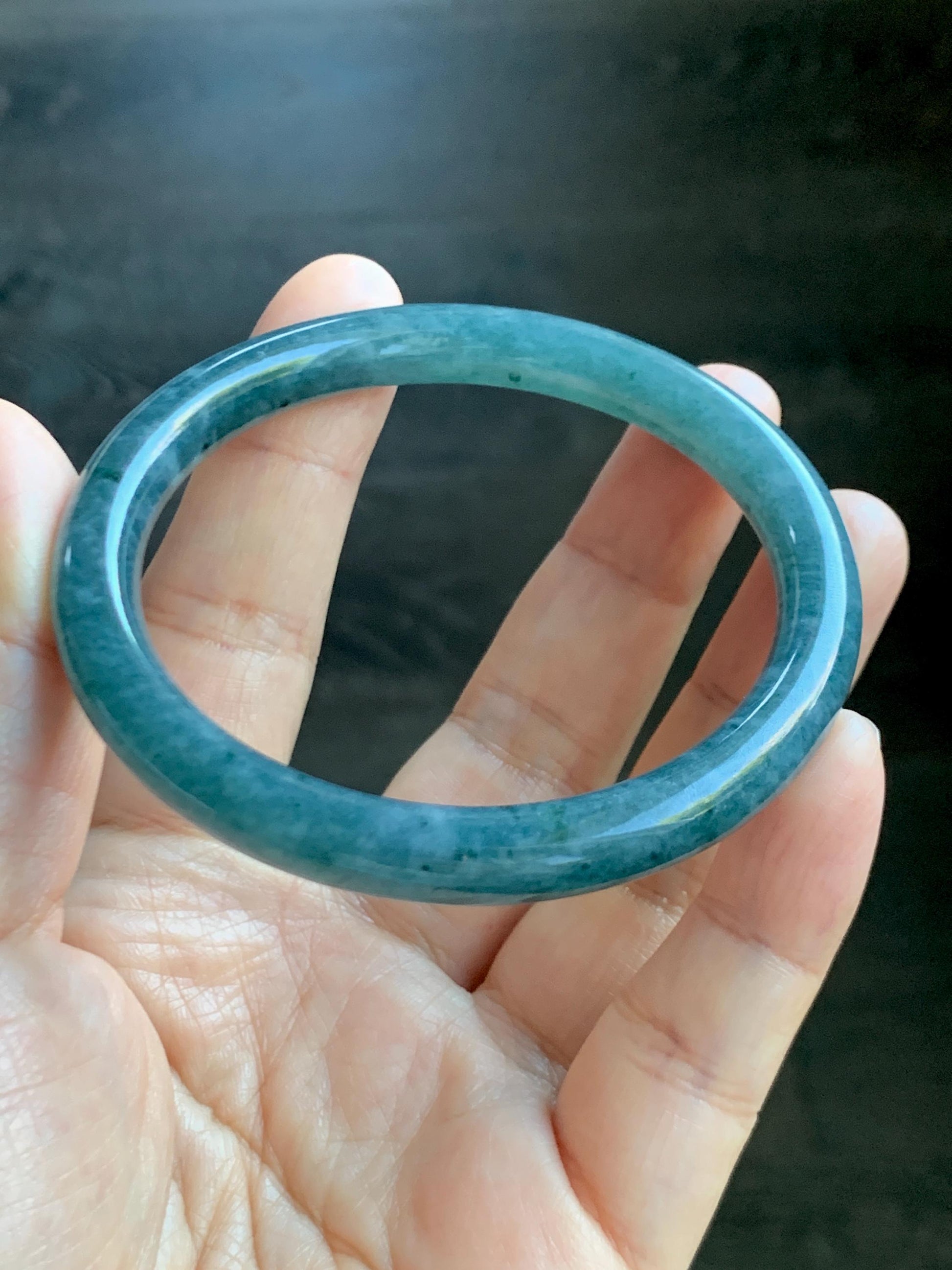 Certified Natural Grade A Guatemalan Icy Translucent Dark Aegean Blue Marbled Jade Jadeite Bangle Bracelet 56.96mm 7” 33g 天然冰危蓝飘花翡翠圆条手镯 723