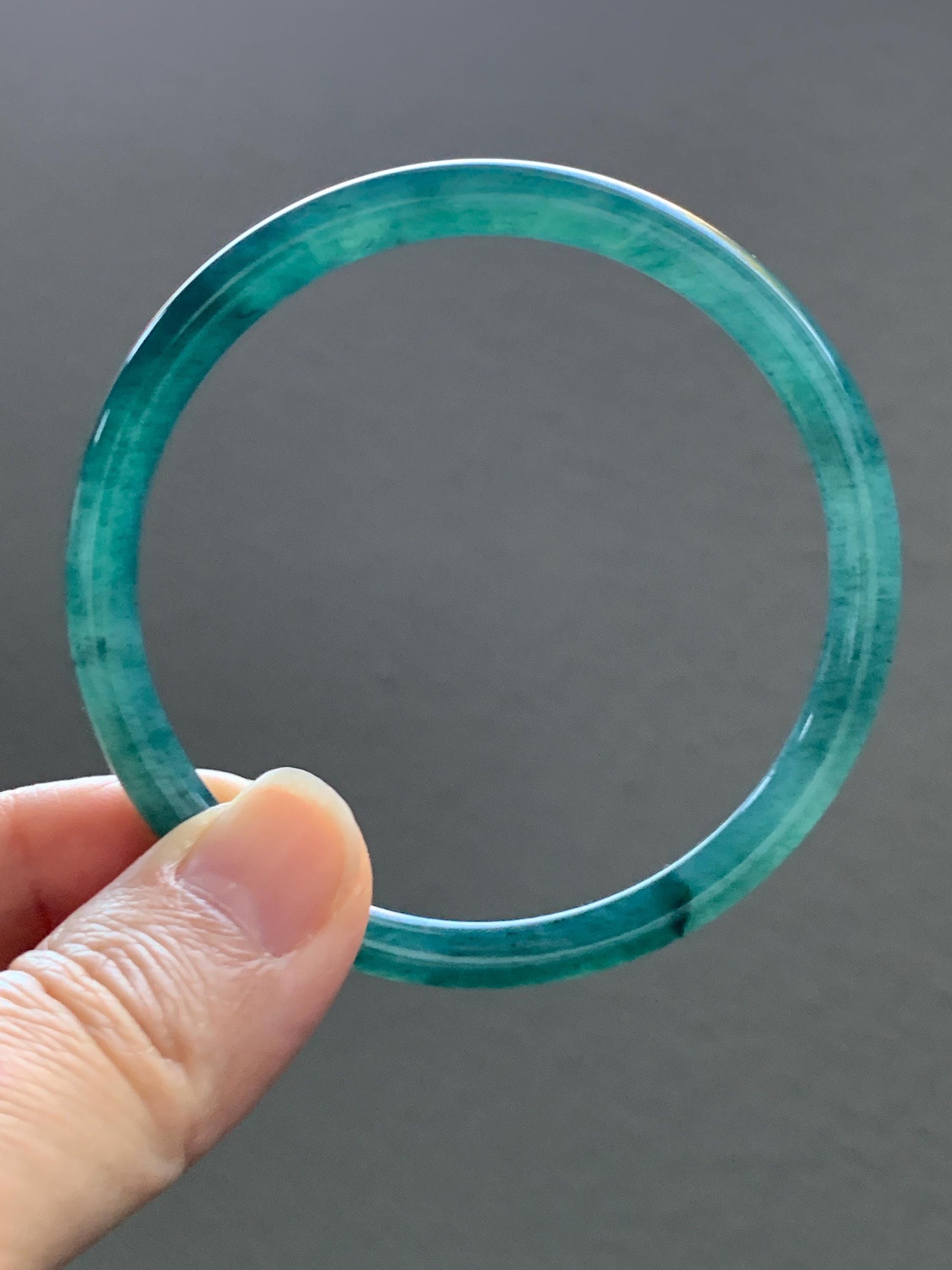 Certified Natural Grade A Guatemalan Icy Highly Translucent Dark Teal Green Jade Jadeite Slim Bangle 57.46mm 7.1” 18.7g 天然冰胶危深蓝绿翡翠细圆条手镯 282
