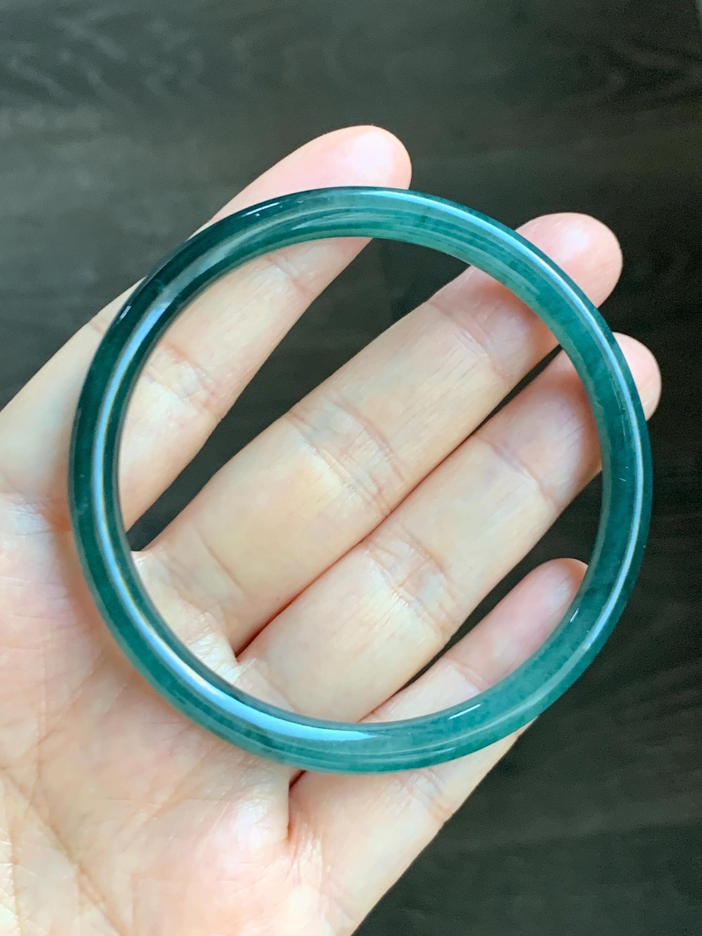 Certified Natural Grade A Guatemalan Icy Highly Translucent Dark Teal Green Jade Jadeite Slim Bangle 57.46mm 7.1” 18.7g 天然冰胶危深蓝绿翡翠细圆条手镯 282