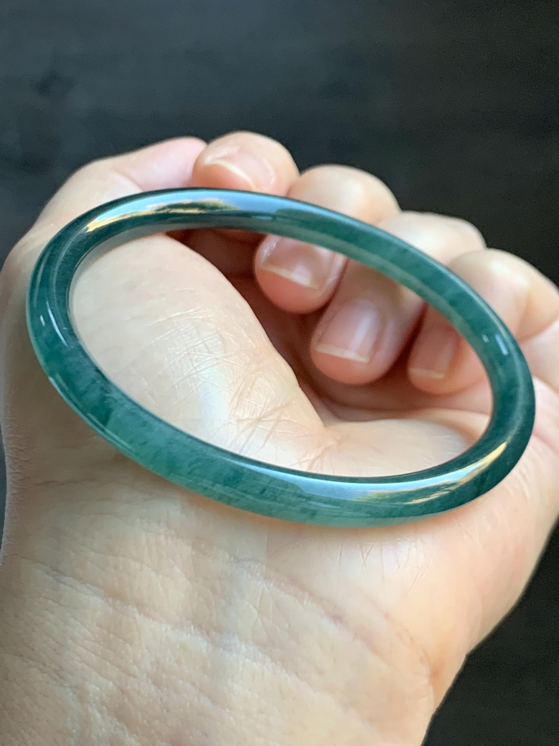 Certified Natural Grade A Guatemalan Icy Highly Translucent Dark Teal Green Jade Jadeite Slim Bangle 57.46mm 7.1” 18.7g 天然冰胶危深蓝绿翡翠细圆条手镯 282