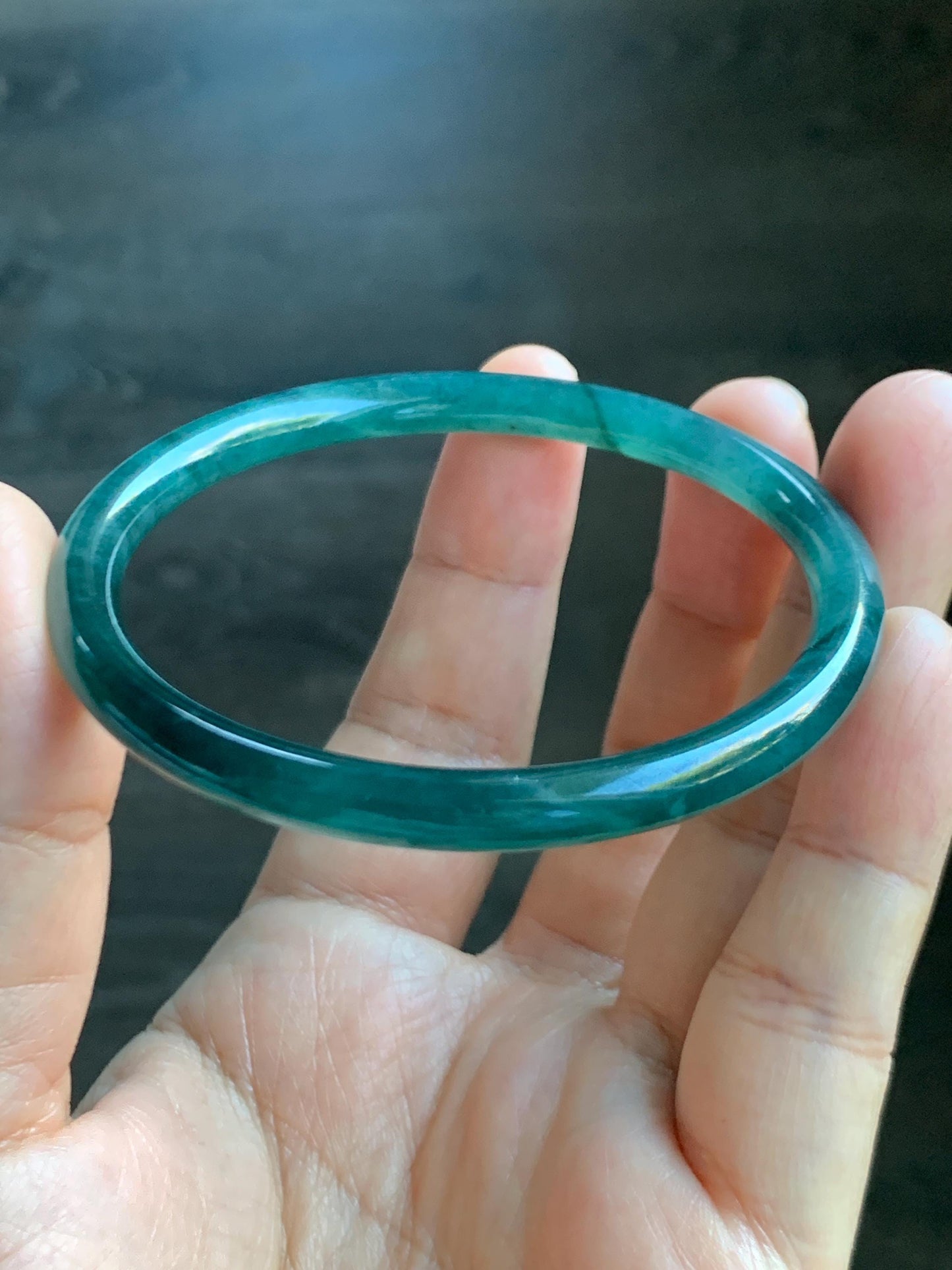 Certified Natural Grade A Guatemalan Icy Highly Translucent Dark Teal Green Jade Jadeite Slim Bangle 57.46mm 7.1” 18.7g 天然冰胶危深蓝绿翡翠细圆条手镯 282