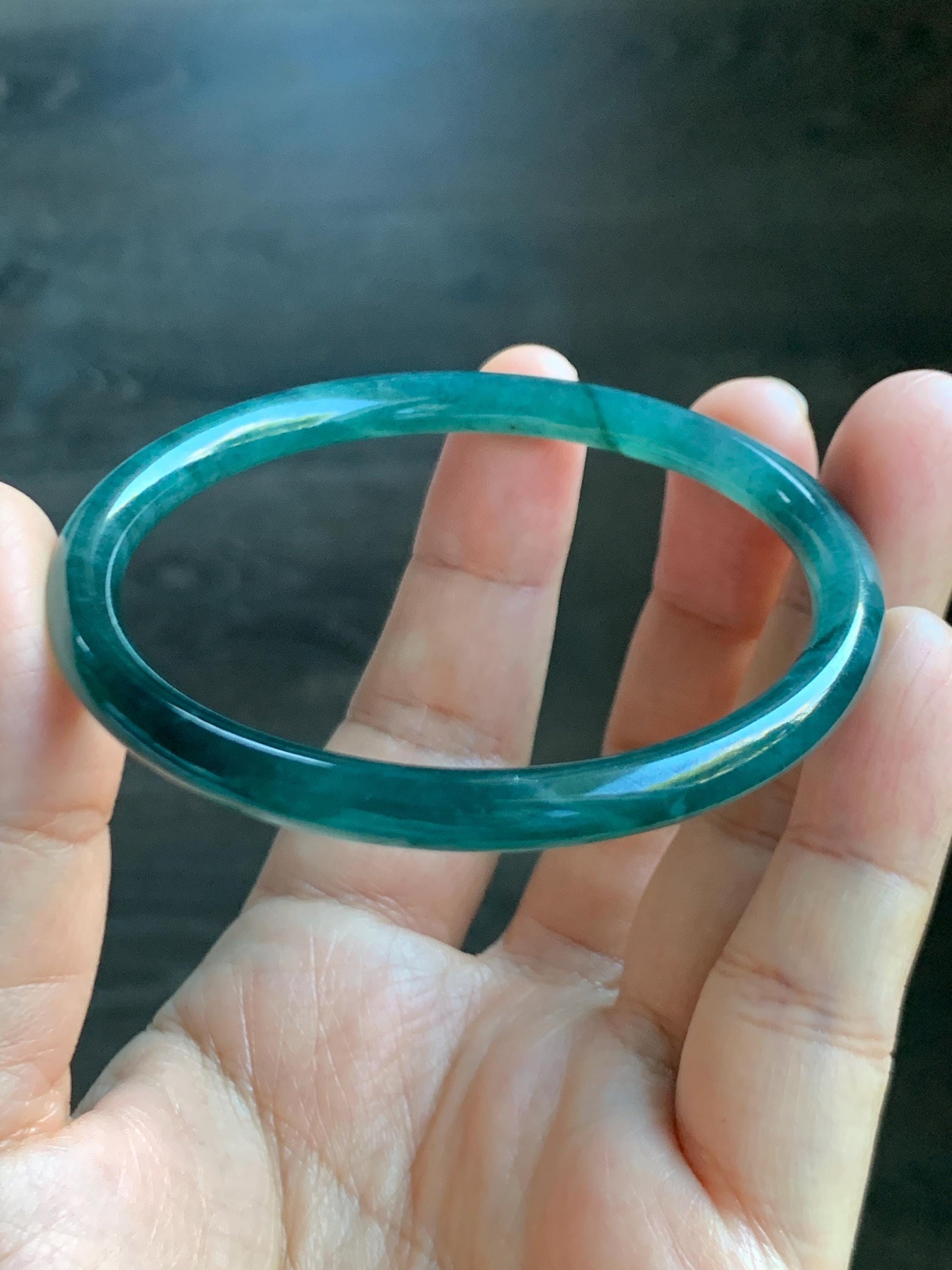 Certified Natural Grade A Guatemalan Icy Highly Translucent Dark Teal Green Jade Jadeite Slim Bangle 57.46mm 7.1” 18.7g 天然冰胶危深蓝绿翡翠细圆条手镯 282