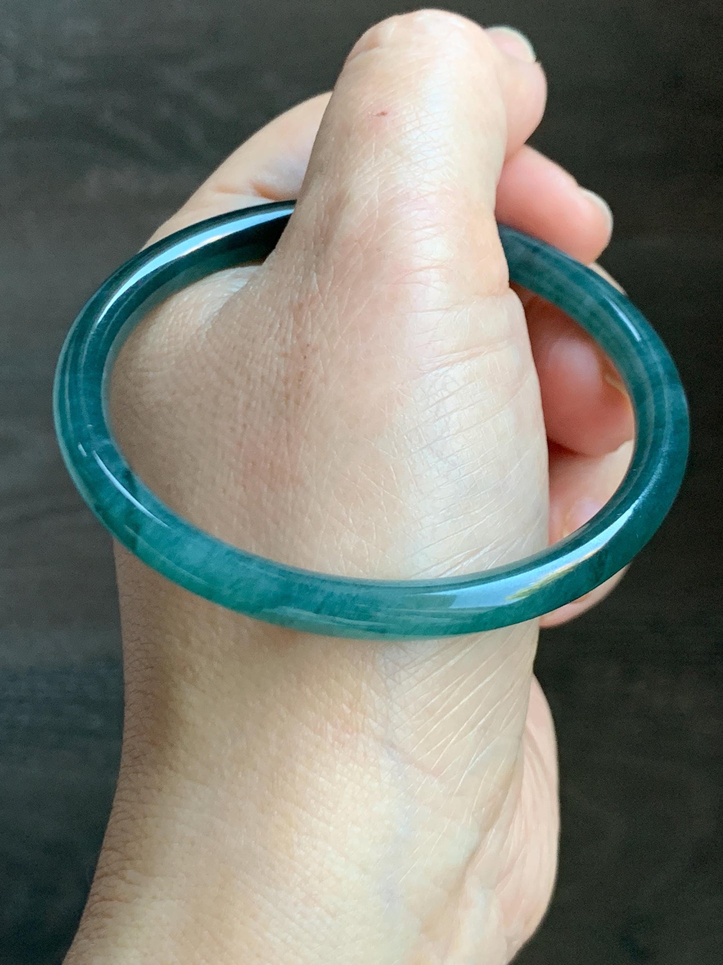 Certified Natural Grade A Guatemalan Icy Highly Translucent Dark Teal Green Jade Jadeite Slim Bangle 57.46mm 7.1” 18.7g 天然冰胶危深蓝绿翡翠细圆条手镯 282
