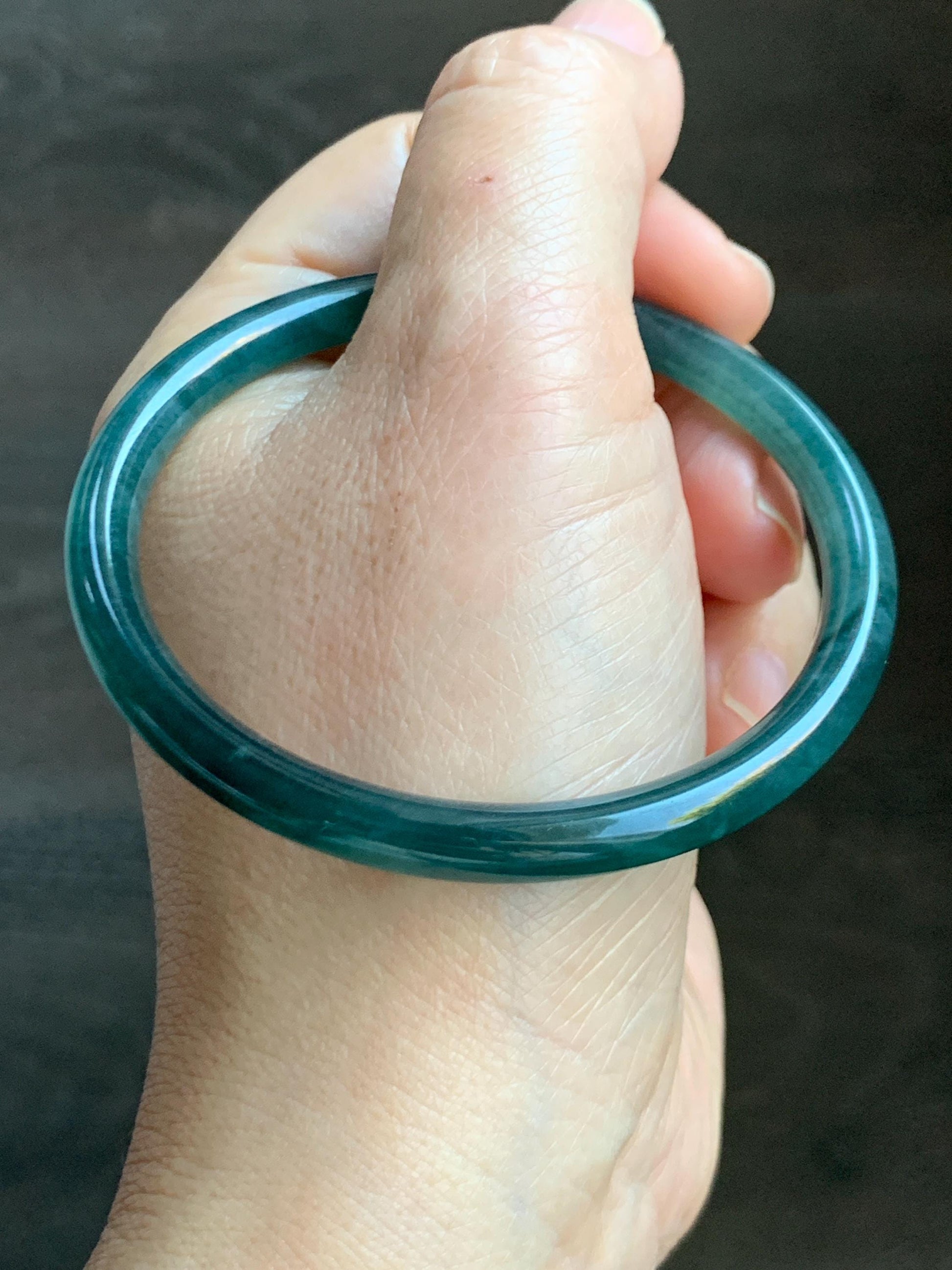 Certified Natural Grade A Guatemalan Icy Highly Translucent Dark Teal Green Jade Jadeite Slim Bangle 57.46mm 7.1” 18.7g 天然冰胶危深蓝绿翡翠细圆条手镯 282