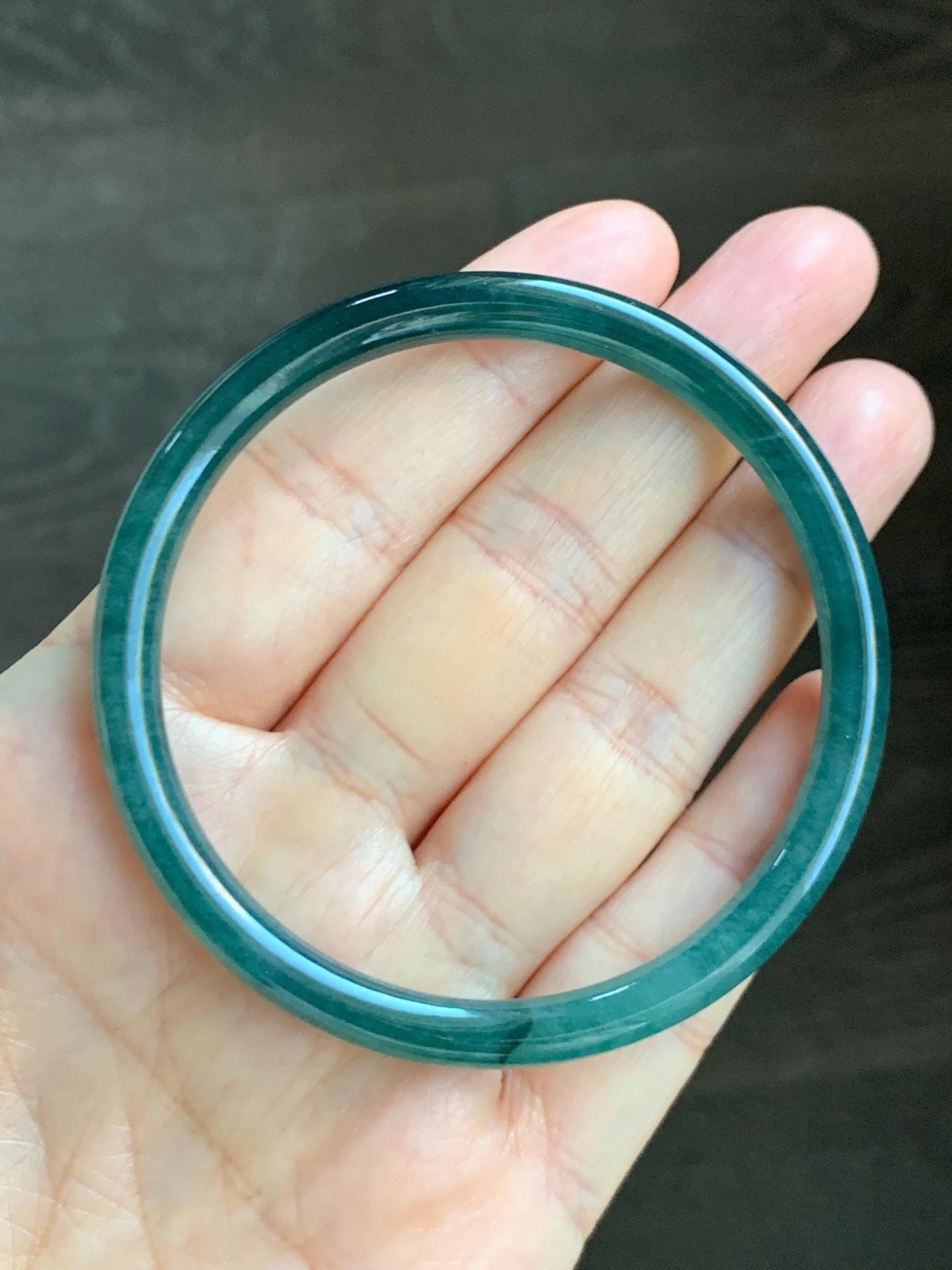Certified Natural Grade A Guatemalan Icy Highly Translucent Dark Teal Green Jade Jadeite Slim Bangle 57.46mm 7.1” 18.7g 天然冰胶危深蓝绿翡翠细圆条手镯 282