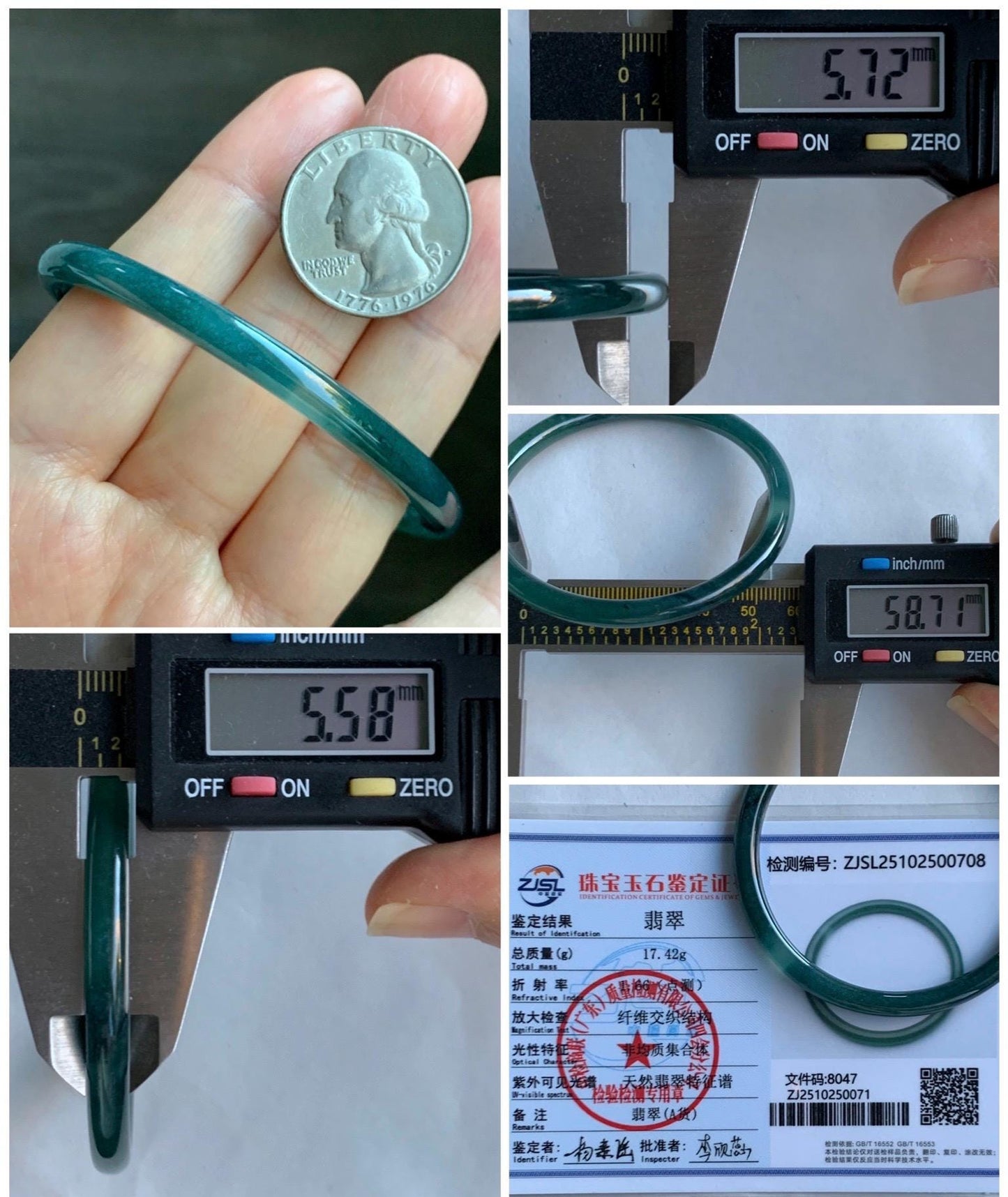 Certified Natural Grade A Guatemalan Icy Highly Translucent Dark Teal Blue Jade Jadeite Slim Bangle 58.7mm 7.25” 17.4g 天然冰胶危深蓝绿翡翠细圆条手镯 708