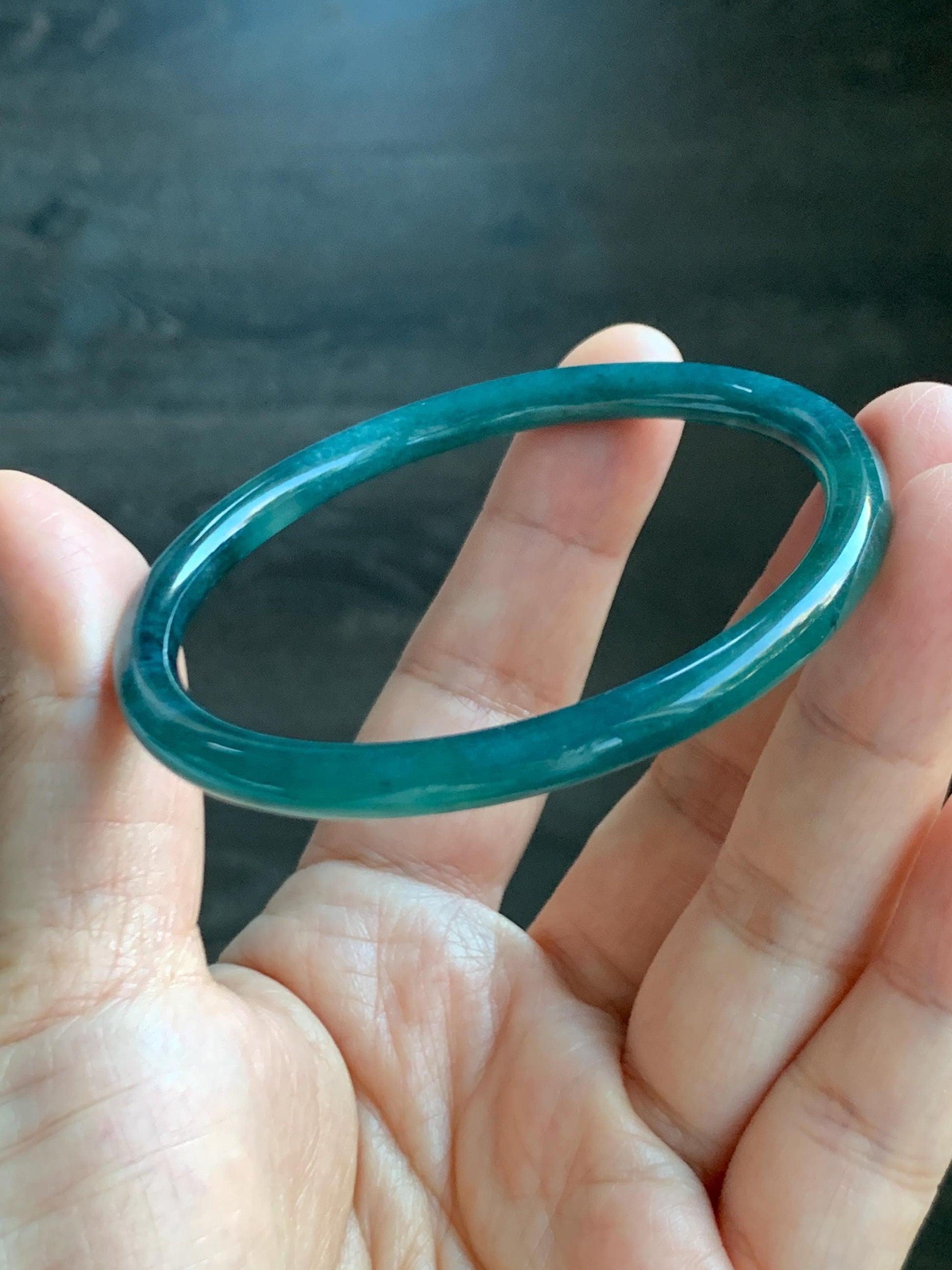 Certified Natural Grade A Guatemalan Icy Highly Translucent Dark Teal Blue Jade Jadeite Slim Bangle 58.7mm 7.25” 17.4g 天然冰胶危深蓝绿翡翠细圆条手镯 708