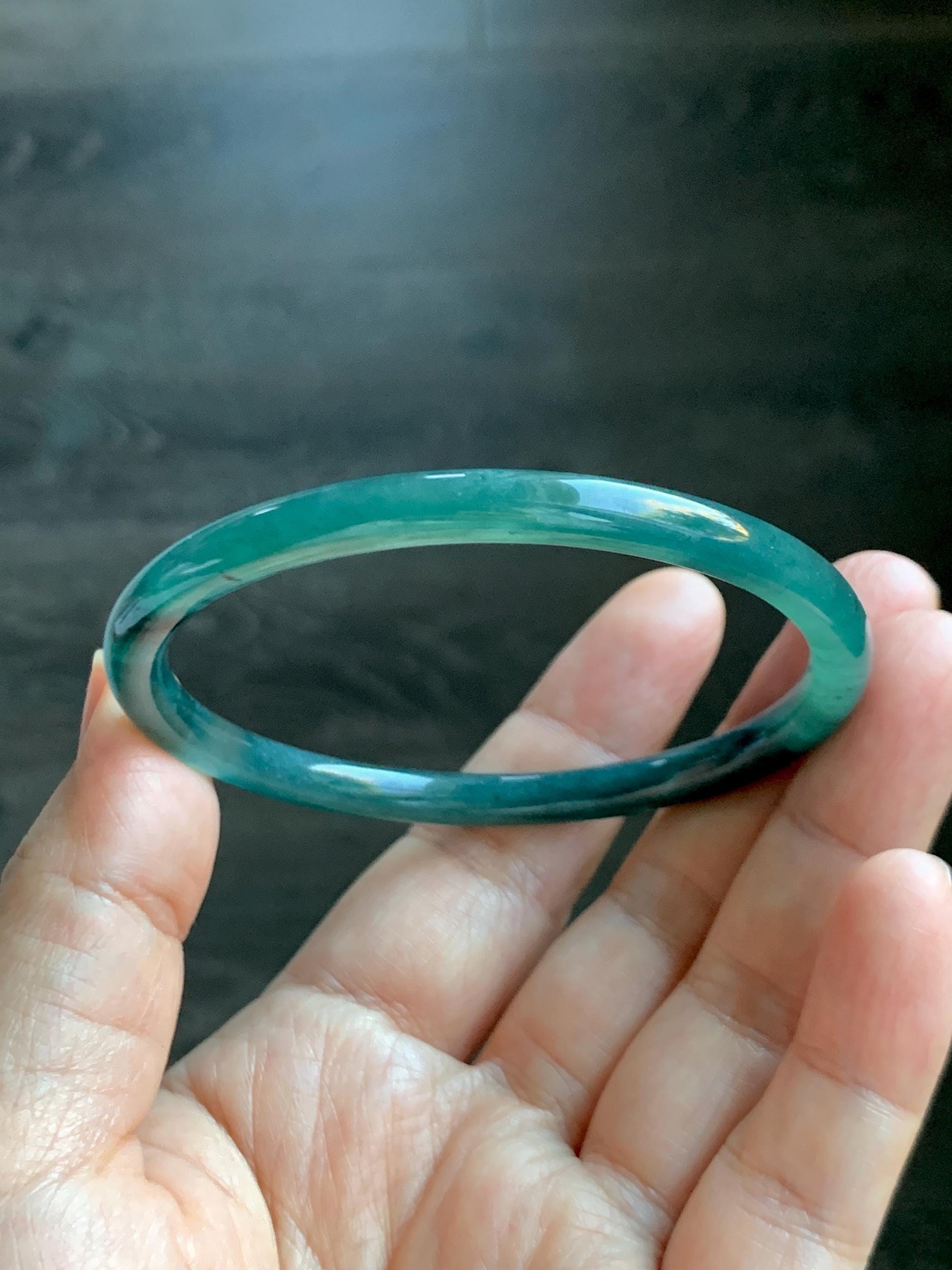 Certified Natural Grade A Guatemalan Icy Highly Translucent Dark Teal Blue Jade Jadeite Slim Bangle 58.7mm 7.25” 17.4g 天然冰胶危深蓝绿翡翠细圆条手镯 708