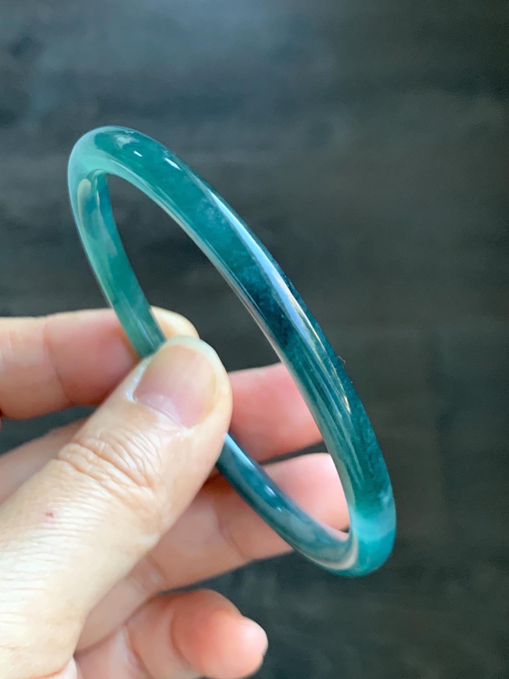 Certified Natural Grade A Guatemalan Icy Highly Translucent Dark Teal Blue Jade Jadeite Slim Bangle 58.7mm 7.25” 17.4g 天然冰胶危深蓝绿翡翠细圆条手镯 708