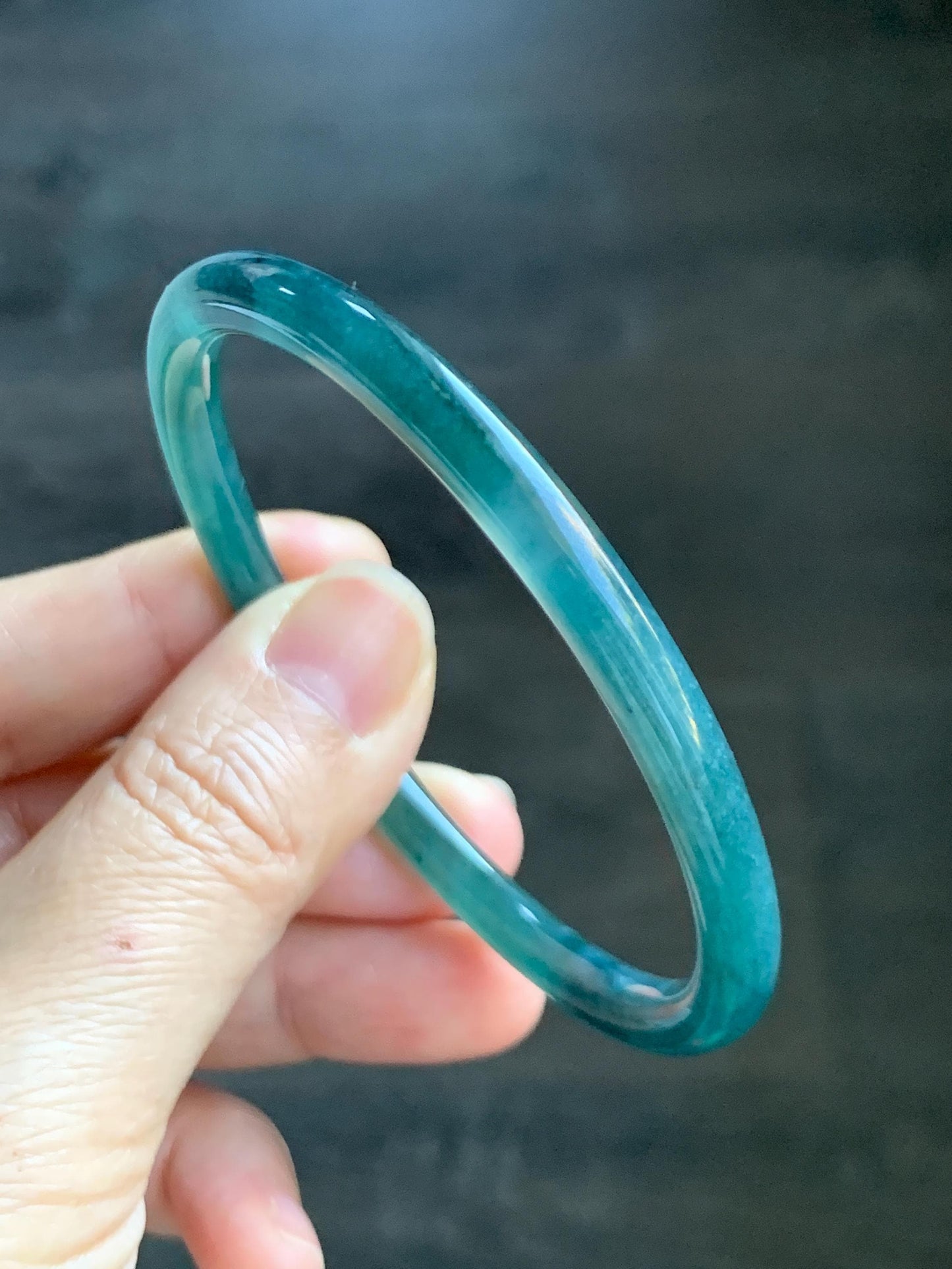 Certified Natural Grade A Guatemalan Icy Highly Translucent Dark Teal Blue Jade Jadeite Slim Bangle 58.7mm 7.25” 17.4g 天然冰胶危深蓝绿翡翠细圆条手镯 708