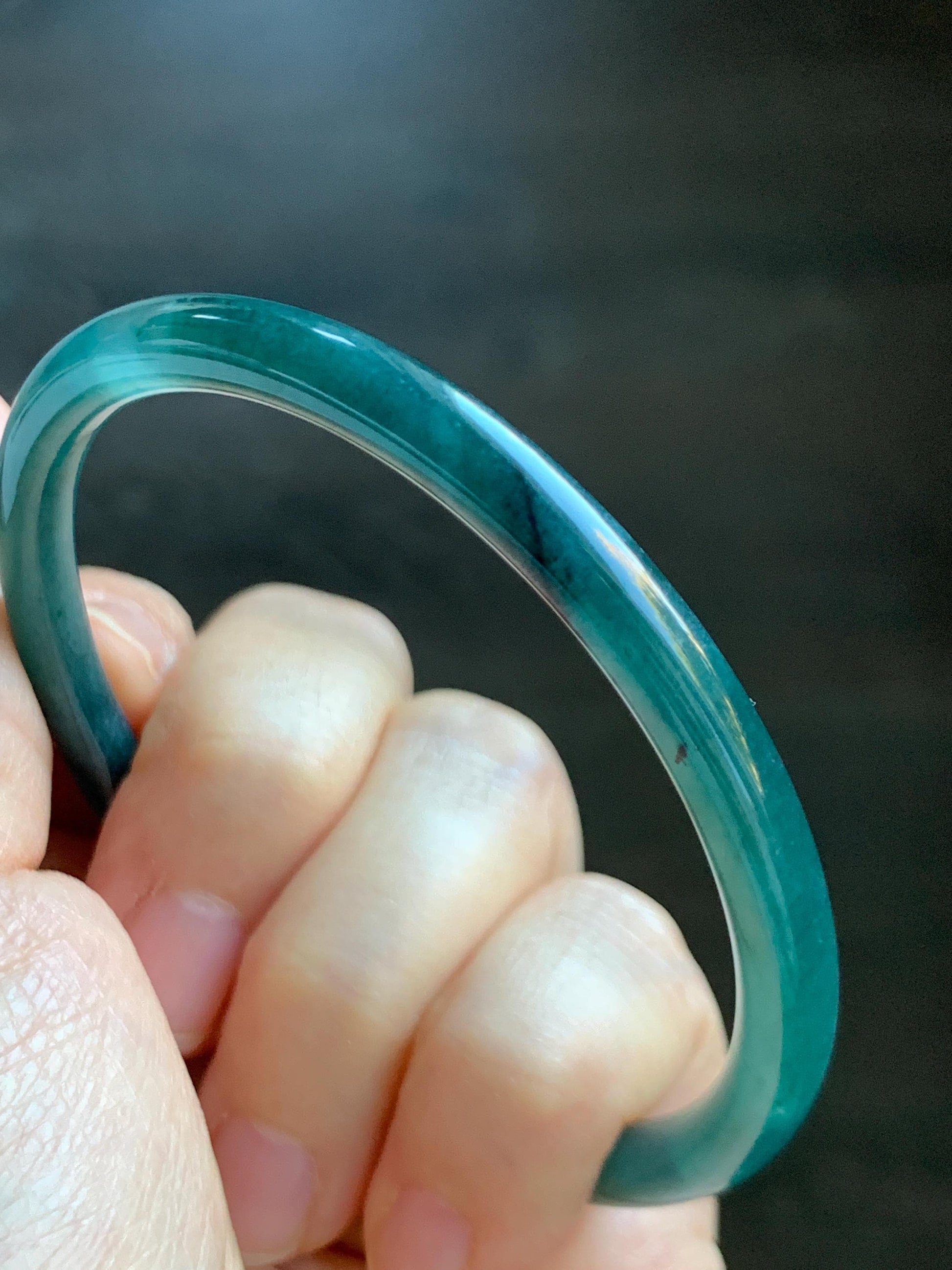 Certified Natural Grade A Guatemalan Icy Highly Translucent Dark Teal Blue Jade Jadeite Slim Bangle 58.7mm 7.25” 17.4g 天然冰胶危深蓝绿翡翠细圆条手镯 708