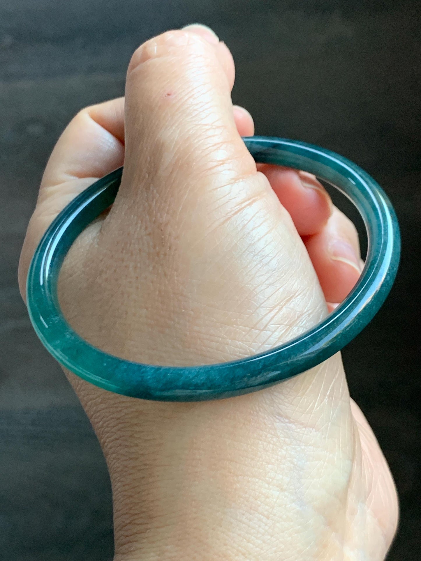Certified Natural Grade A Guatemalan Icy Highly Translucent Dark Teal Blue Jade Jadeite Slim Bangle 58.7mm 7.25” 17.4g 天然冰胶危深蓝绿翡翠细圆条手镯 708