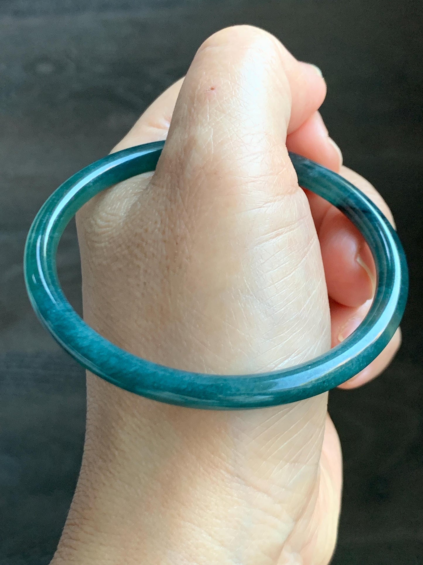 Certified Natural Grade A Guatemalan Icy Highly Translucent Dark Teal Blue Jade Jadeite Slim Bangle 58.7mm 7.25” 17.4g 天然冰胶危深蓝绿翡翠细圆条手镯 708