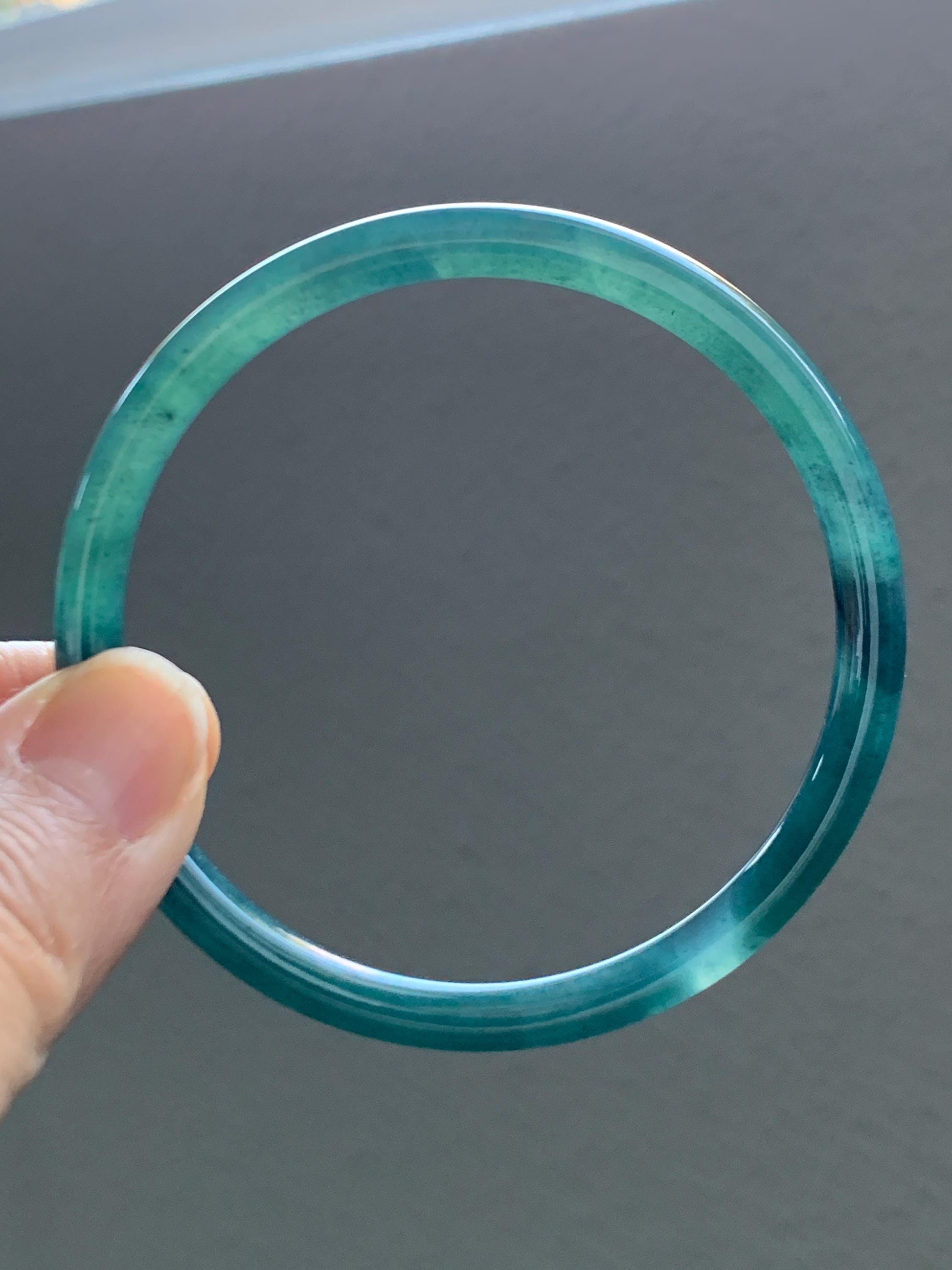 Certified Natural Grade A Guatemalan Icy Highly Translucent Dark Teal Blue Jade Jadeite Slim Bangle 58.7mm 7.25” 17.4g 天然冰胶危深蓝绿翡翠细圆条手镯 708